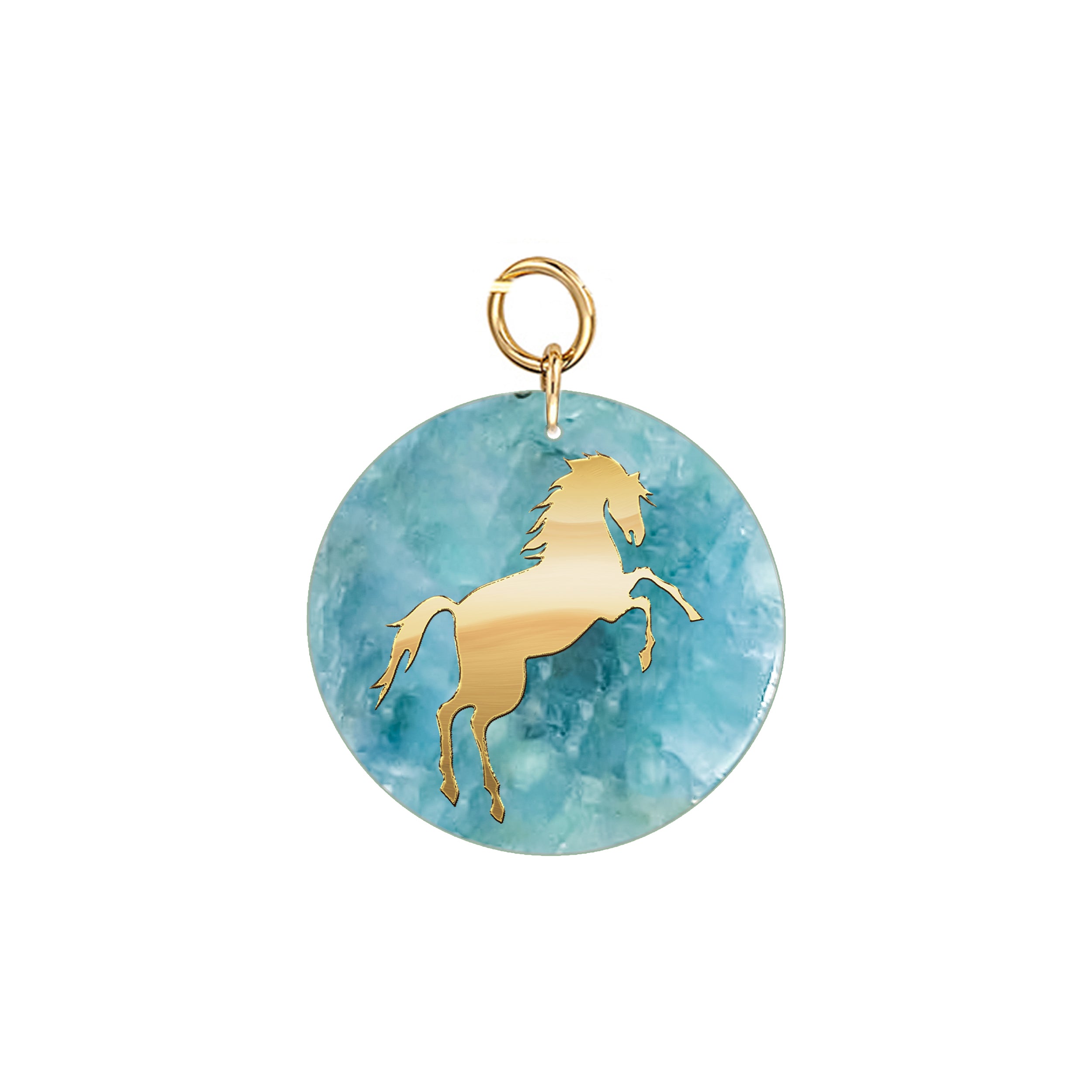 18k Gold Horse Pendant on Aquamarine Stone Disc