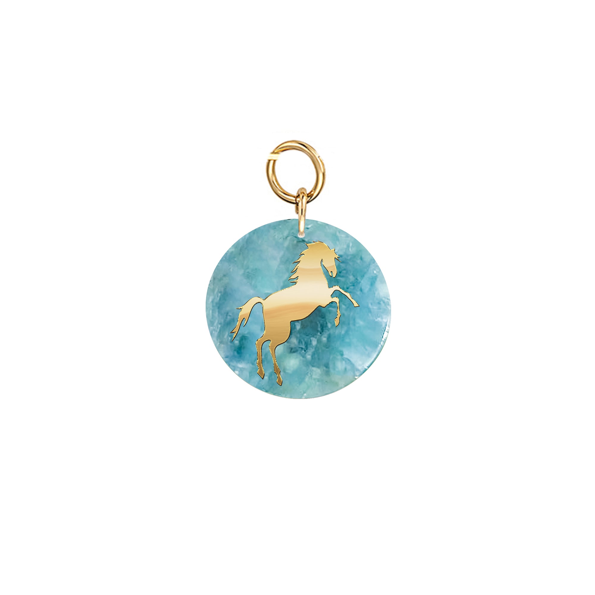 18k Gold Horse Pendant on Aquamarine Stone Disc