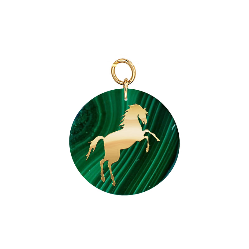 18k Gold Horse Pendant on Malachite Stone Disc