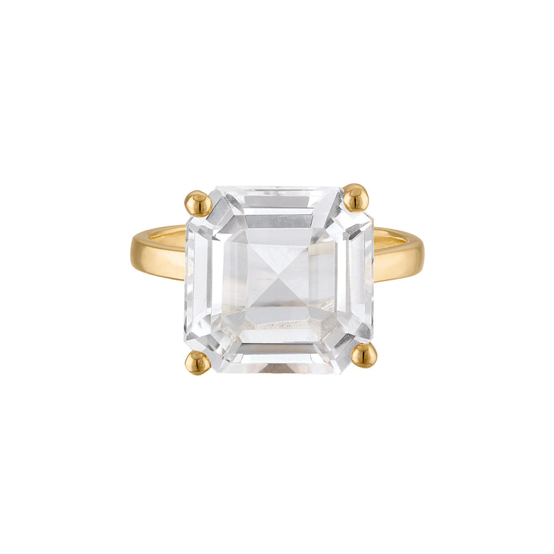 18k Gold Band with Princess Cut White Quartz Cocktail Ring