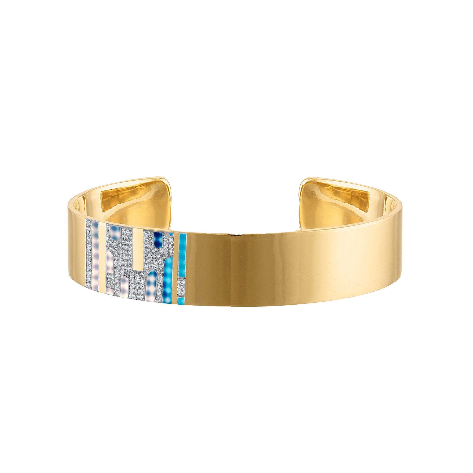 18k Gold Cuff with Blue Enamel & Paved Diamonds