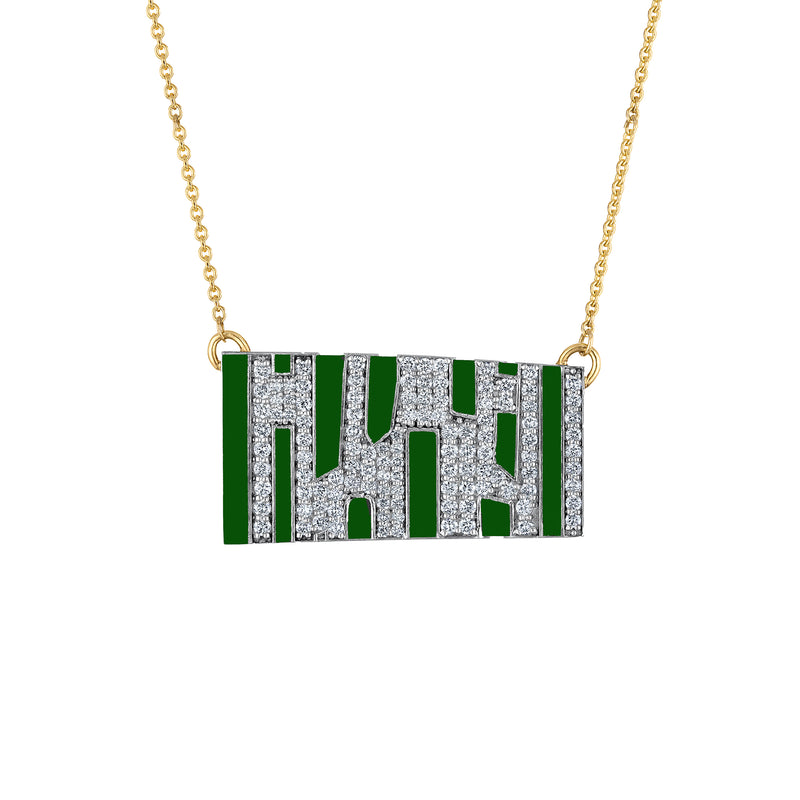 18k Gold Chain with Green Enamel & Paved Diamond Pendant