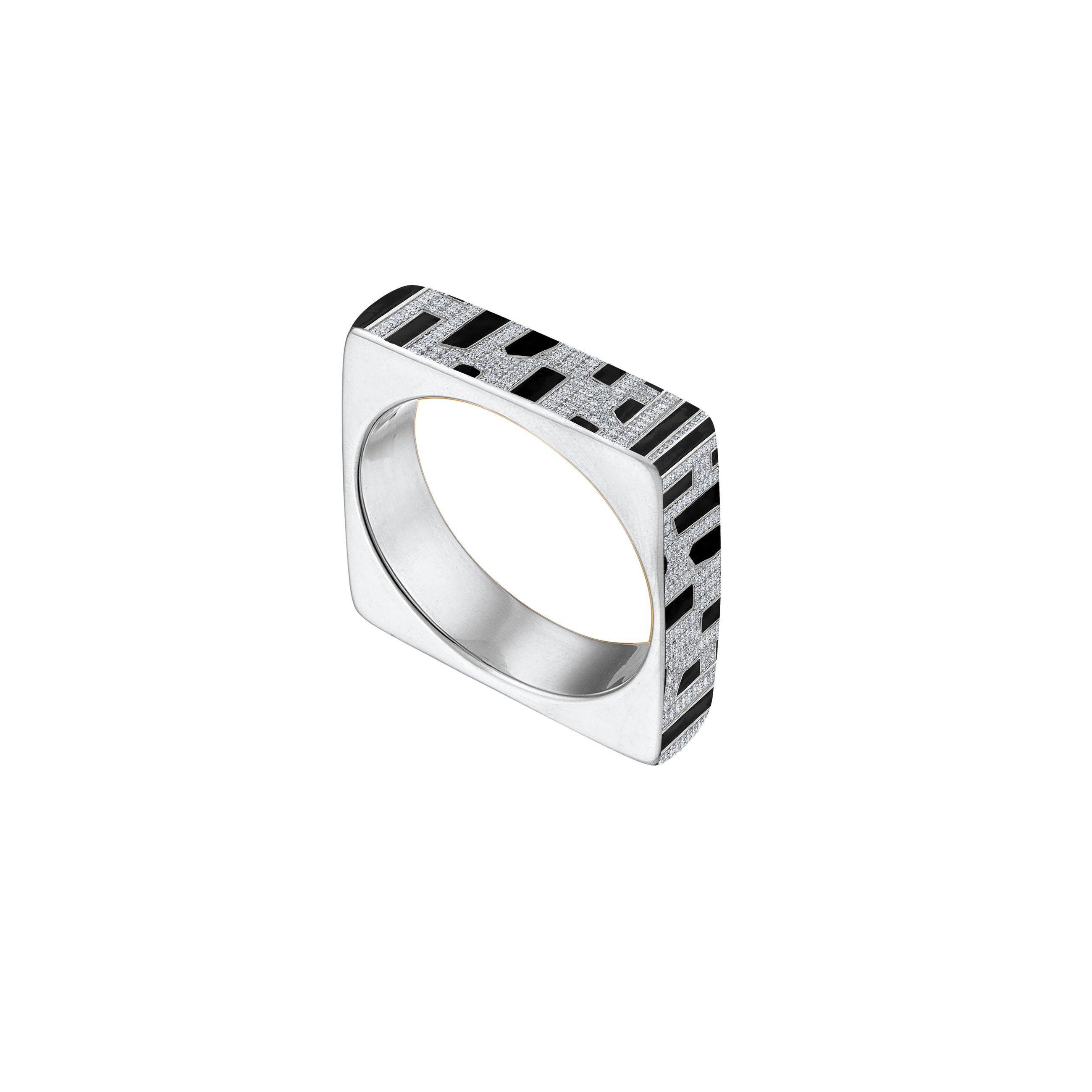 Sterling Silver Square Ring with Lab Grown Paved Diamonds & Black  Enamel