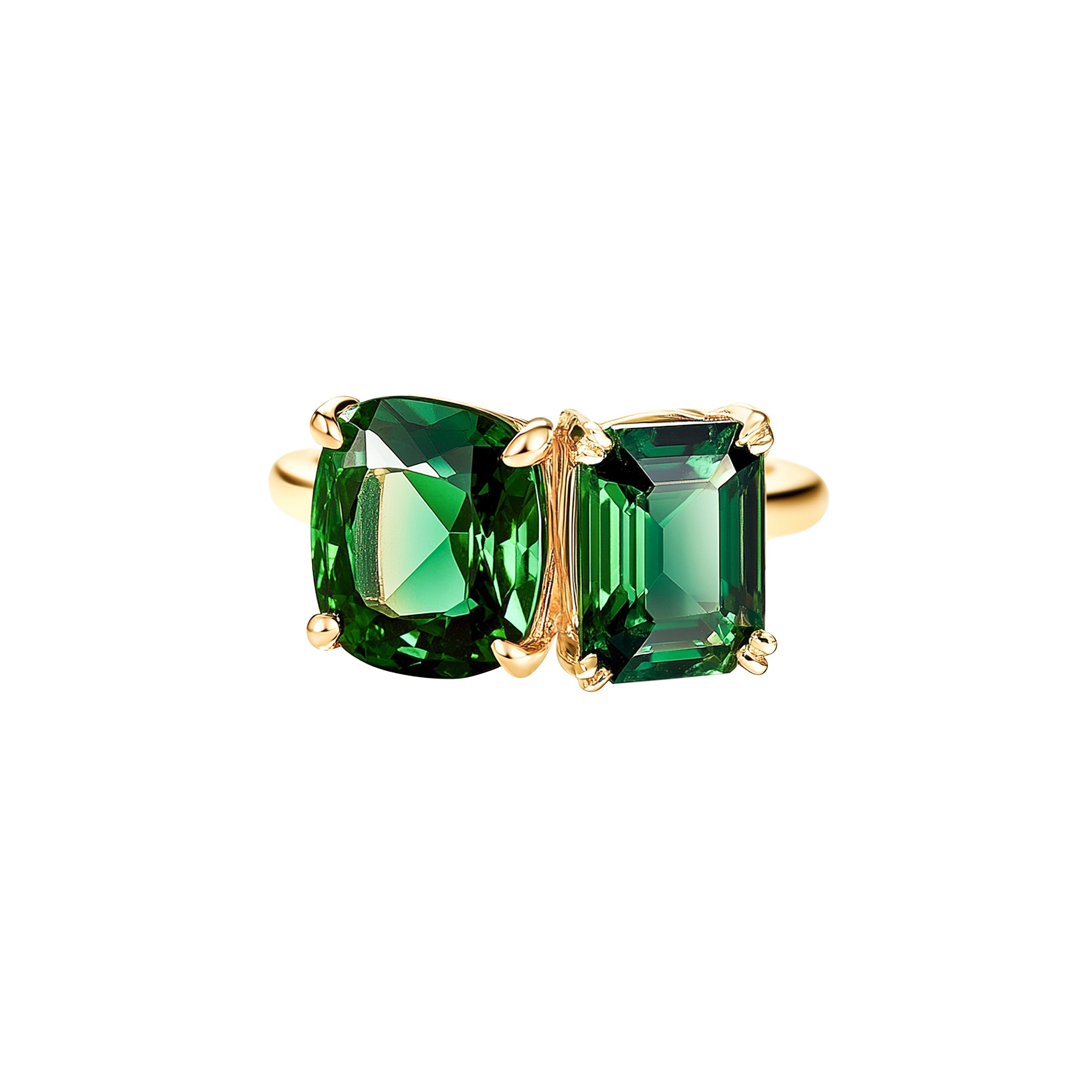 18k Gold Band with Emerald Cut Dark Green Quartz & Cushion Cut Dark Green Quartz