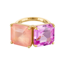 18k Gold Band with Princess Cut Hot Pink Quartz & Rose Quartz Cocktail Ring