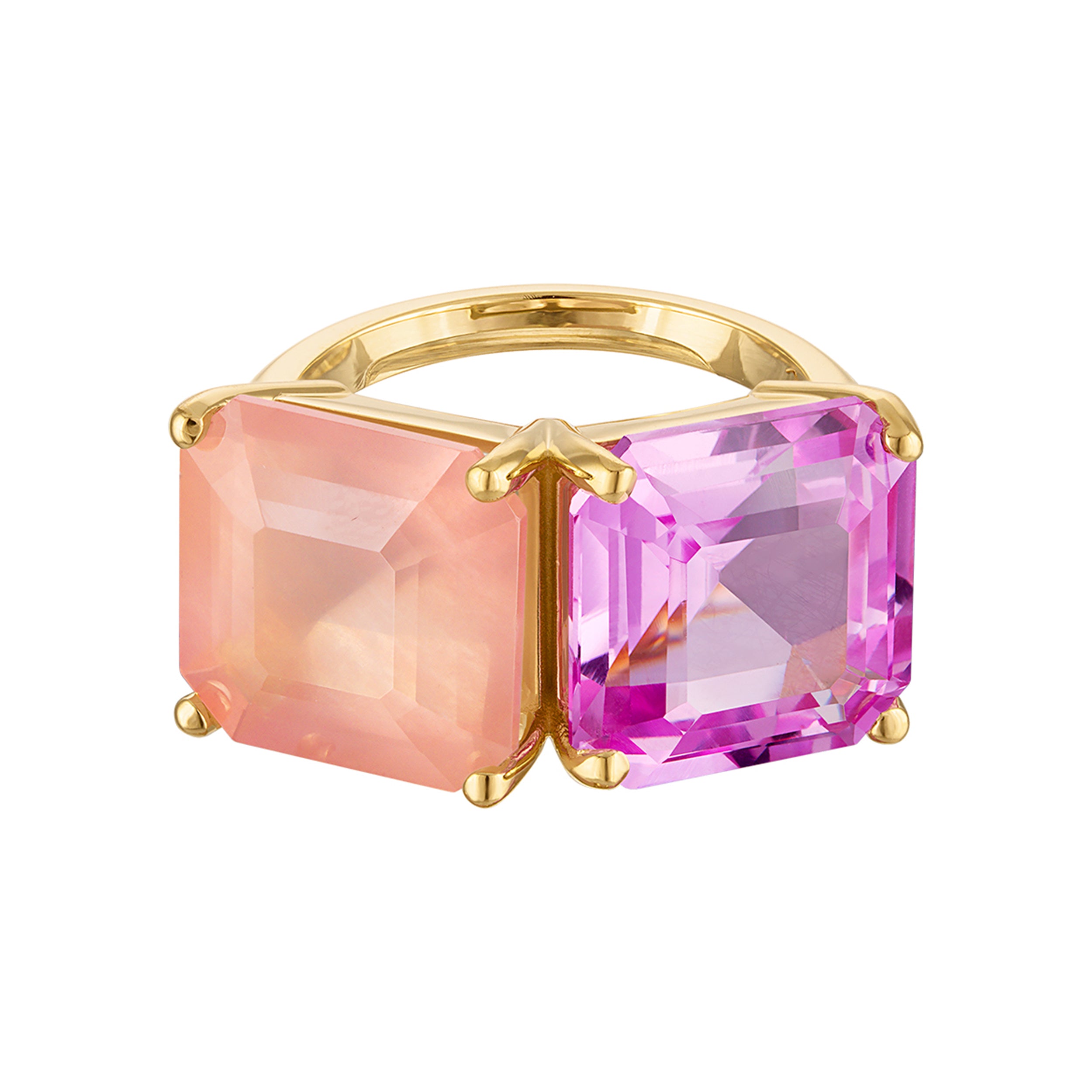 18k Gold Band with Princess Cut Hot Pink Quartz & Rose Quartz Cocktail Ring