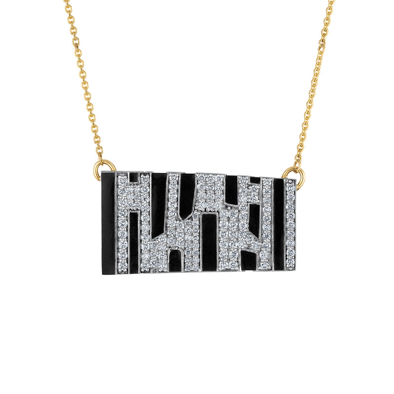 18k Gold Chain with Black Enamel & Paved Diamond Pendant