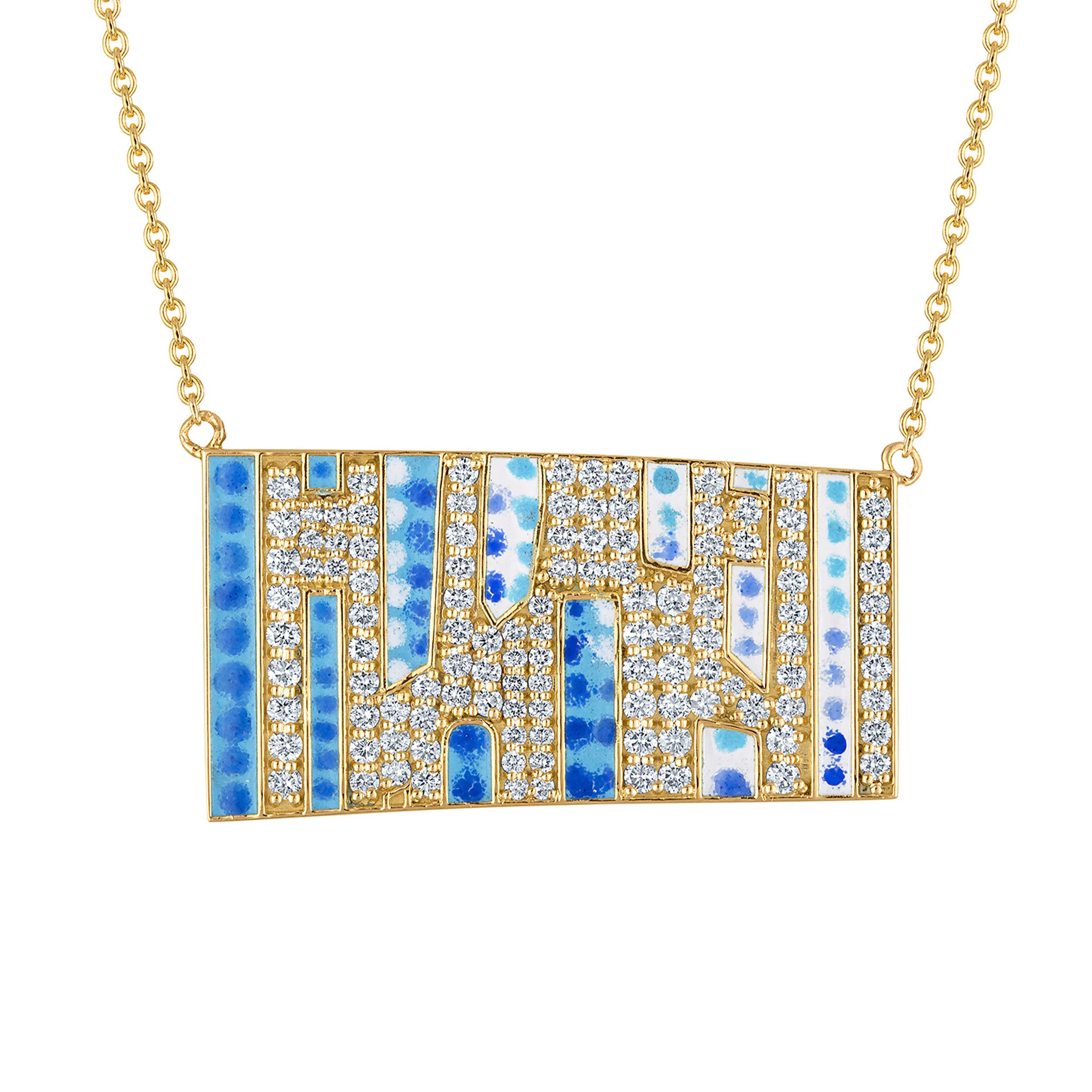 18k Gold Chain with Blue Enamel & Paved Diamond Pendant