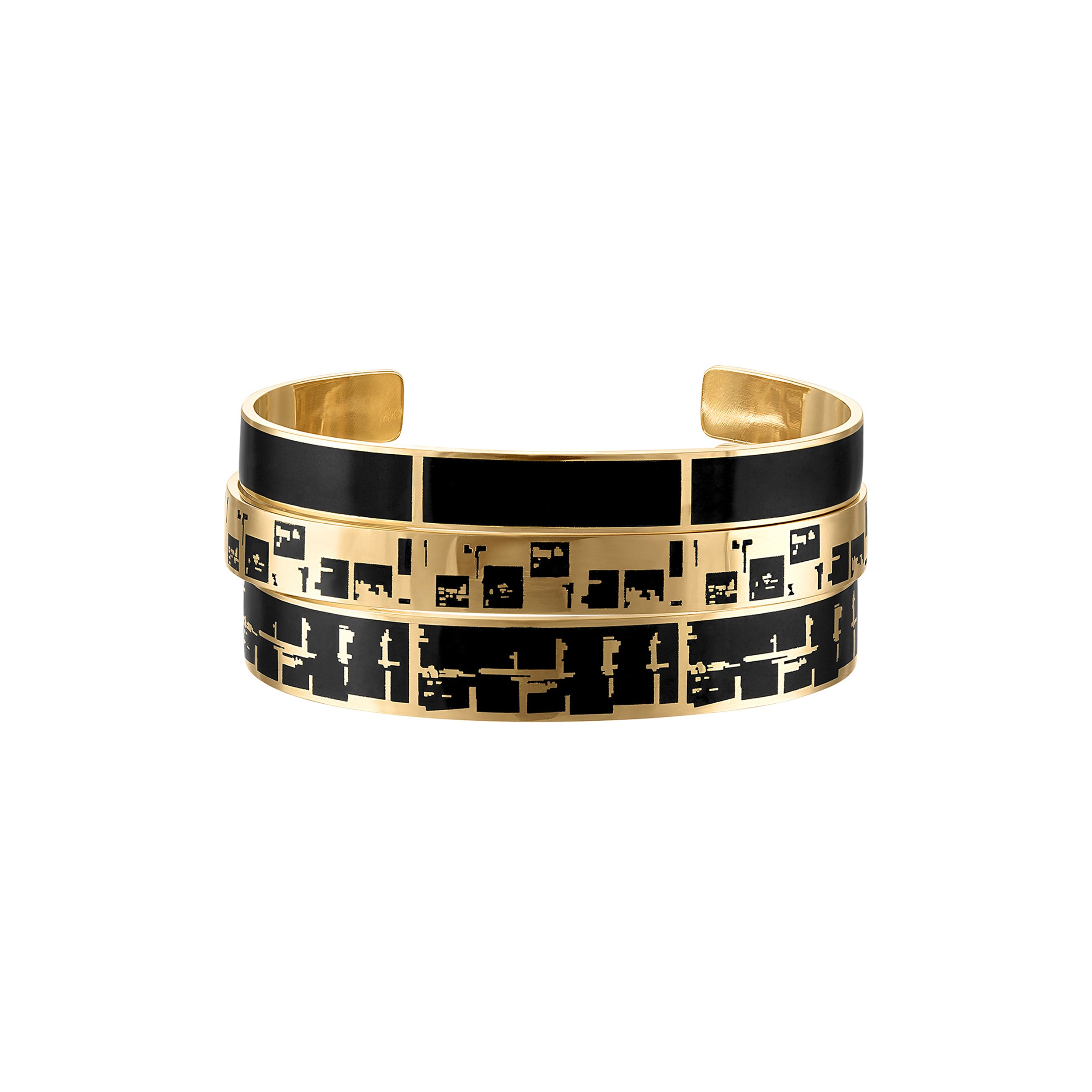 18k Gold 8mm Cuff Bracelets with  Black Enamel