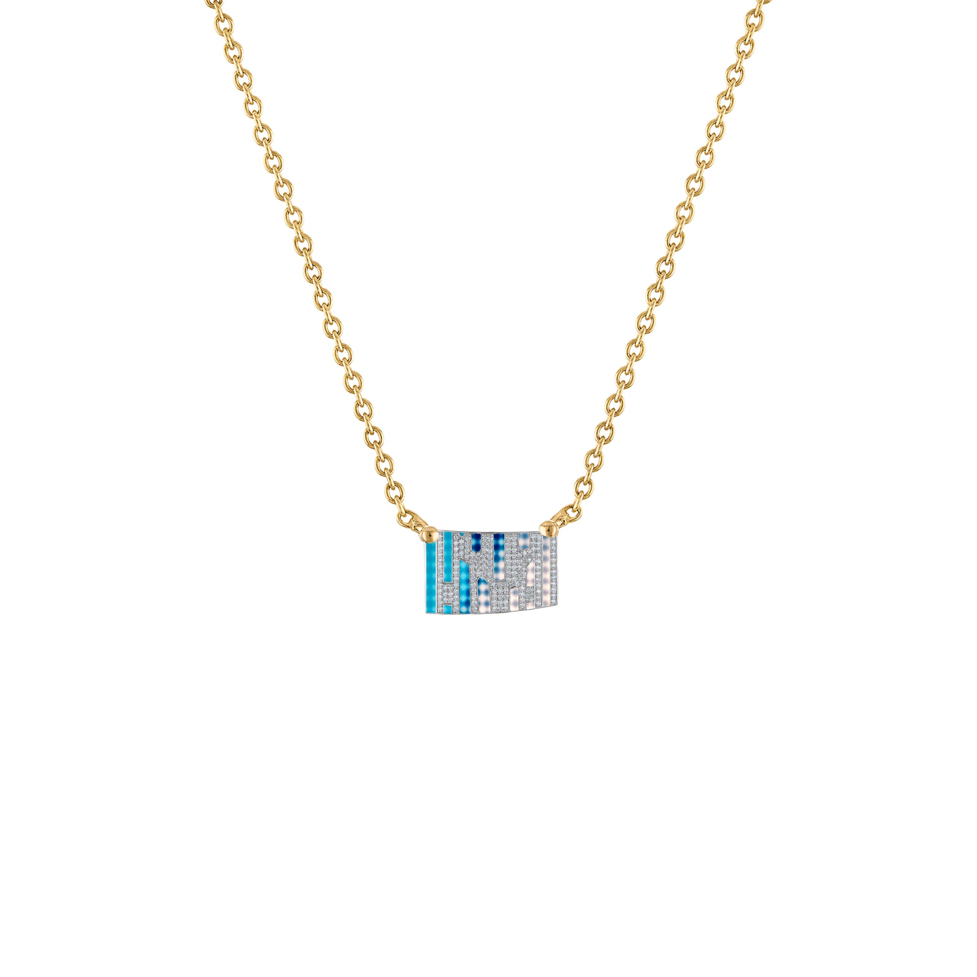 18k Gold Chain with Blue Enamel & Paved Diamond Pendant