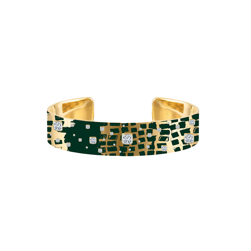 18k Gold 10mm Cuff with Green Enamel & Paved Diamonds