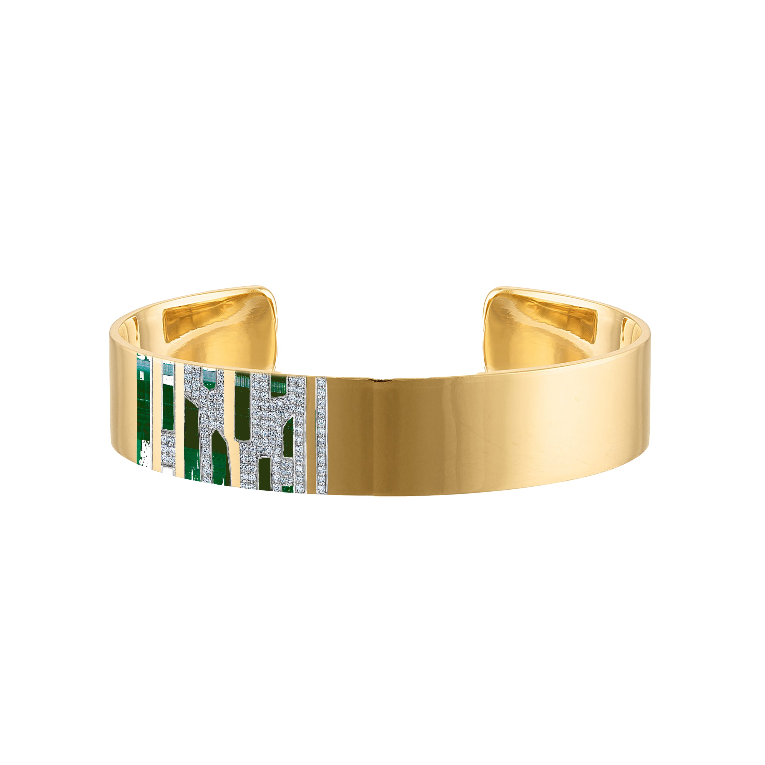 18k Gold Cuff with Green Enamel & Paved Diamonds