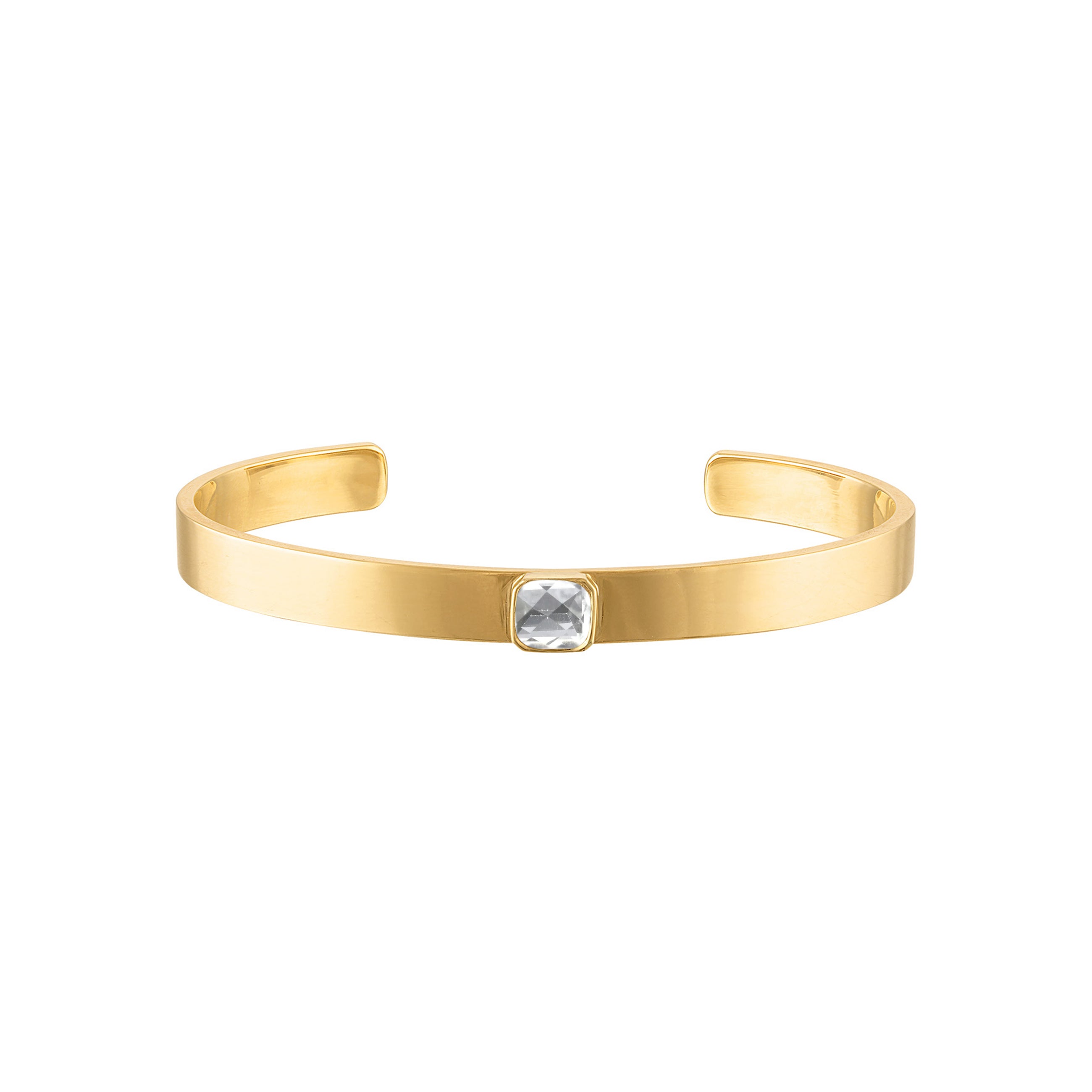 18k Solid Gold Cuff with Cushion Cut Clear Quartz