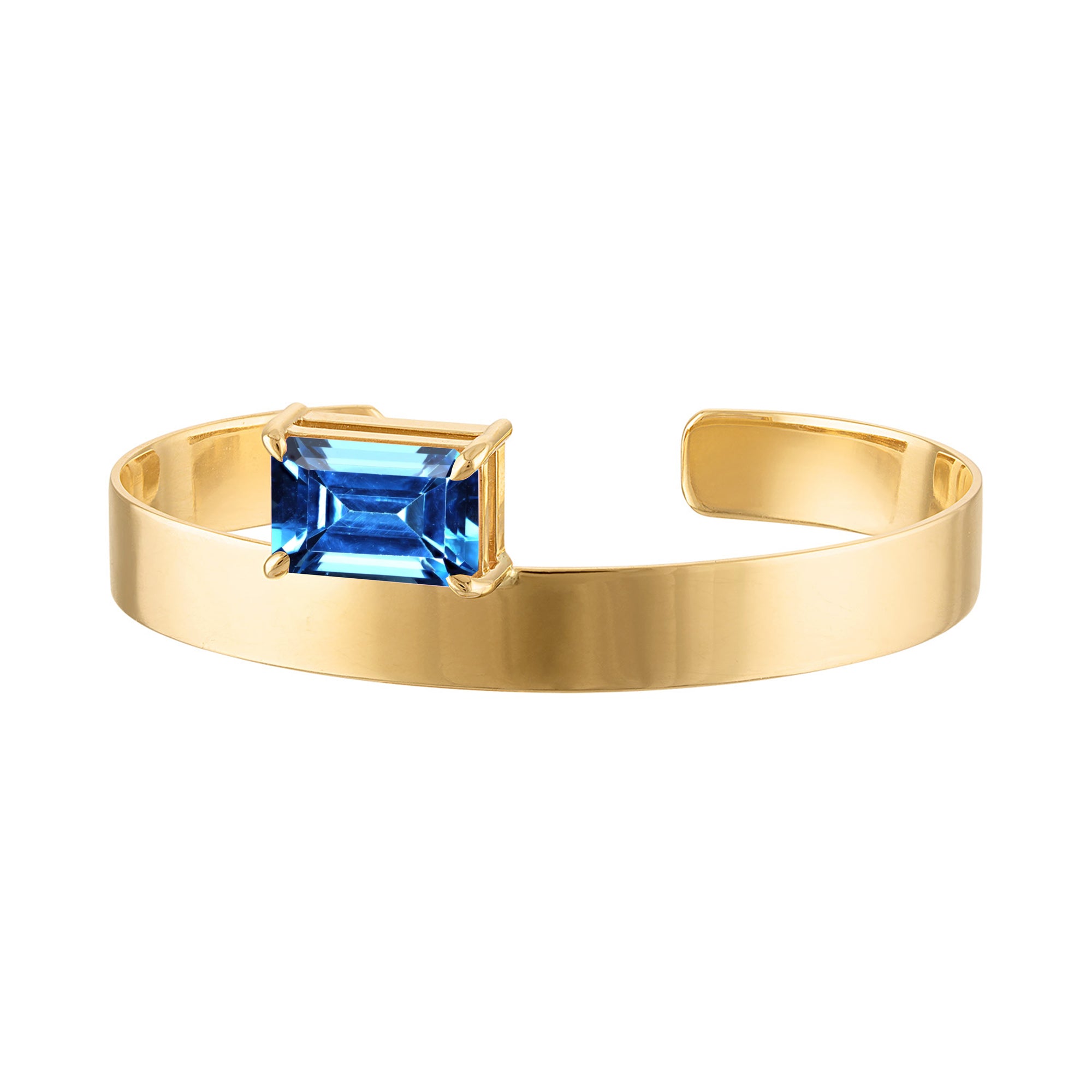 18k Solid Gold Cuff 8mm with Emerald Cut London Blue Topaz