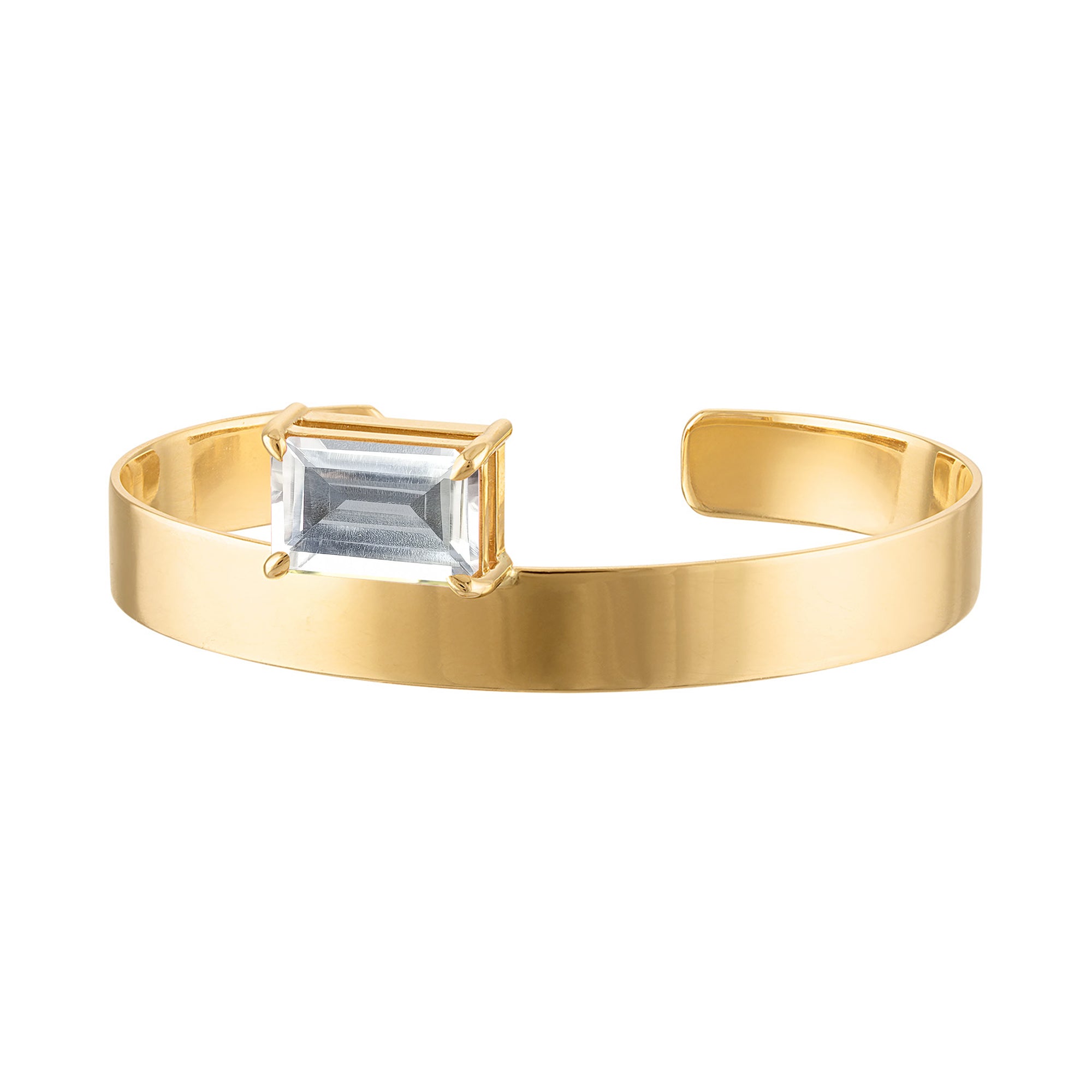 18k Solid Gold Cuff 8mm with Emerald Cut Clear Quartz