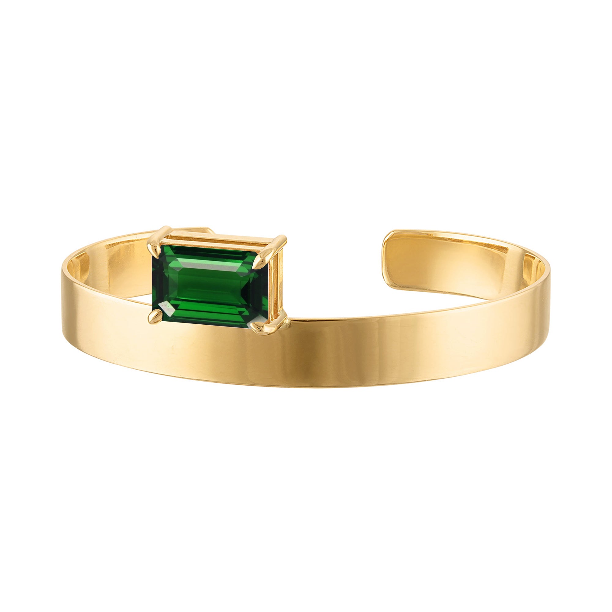 18k Solid Gold Cuff 8mm with Emerald Cut Dark Green Quartz