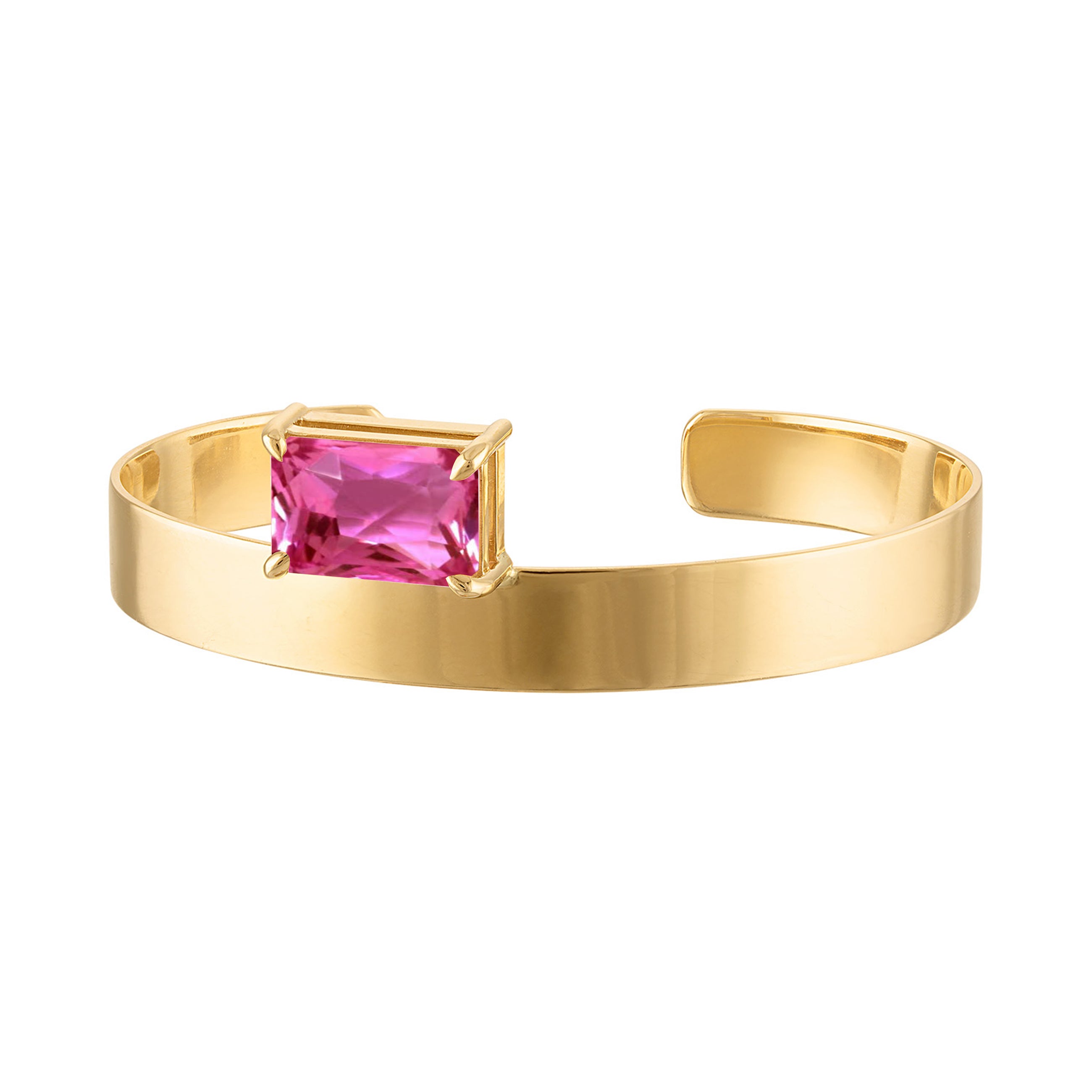 18k Solid Gold Cuff 8mm with Emerald Cut Hot Pink Quartz