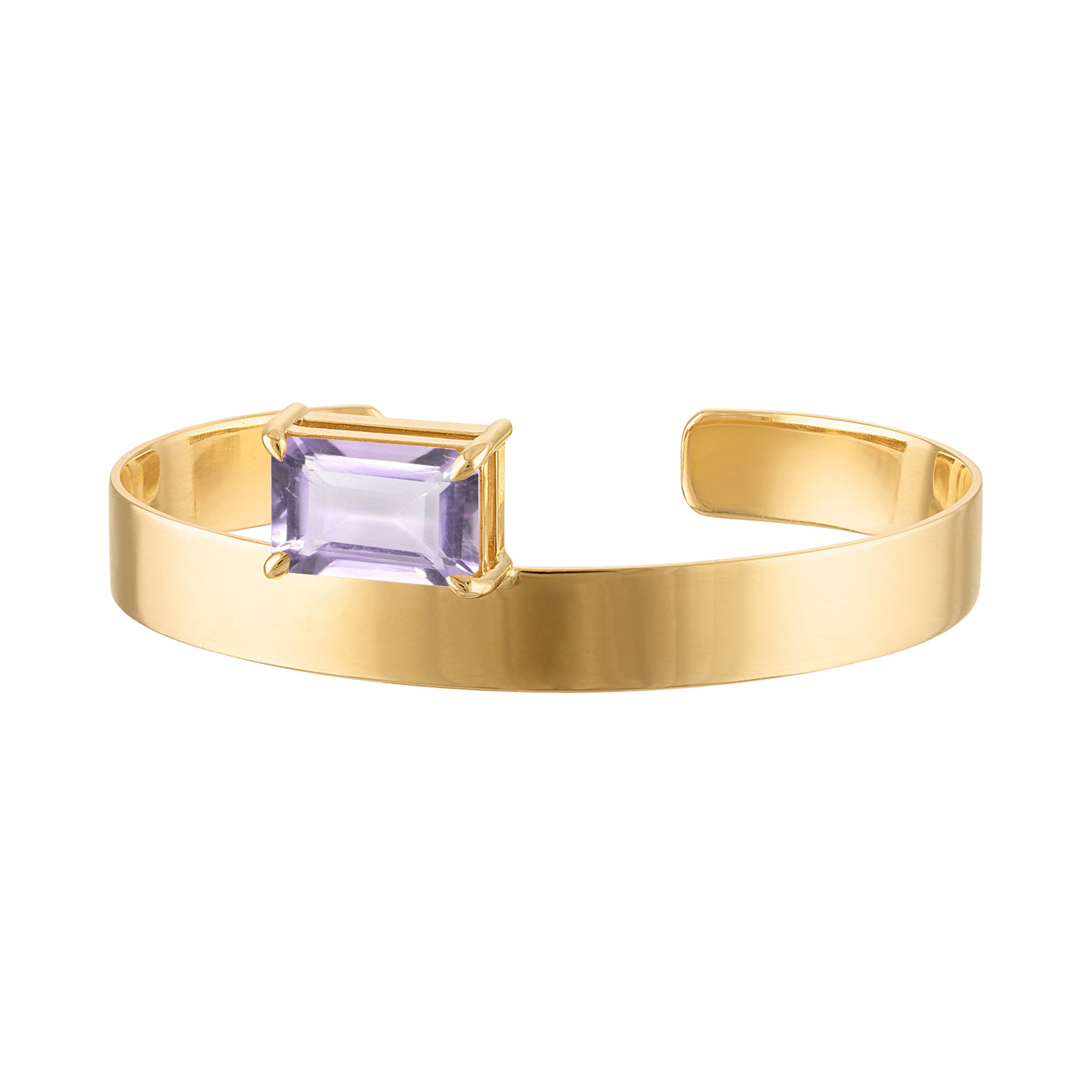 18k Solid Gold Cuff 8mm with Emerald Cut Lavender Amethyst