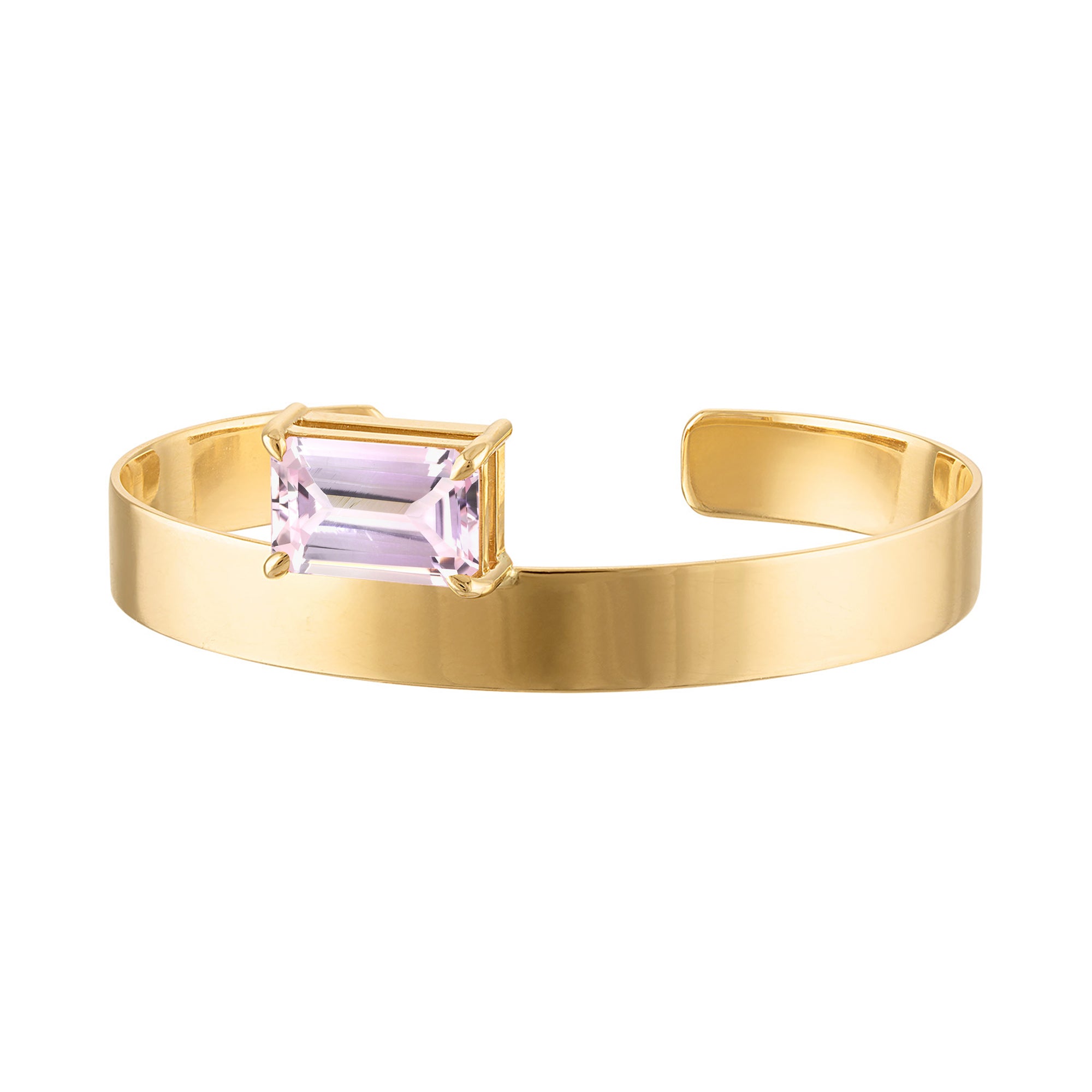 18k Solid Gold Cuff 8mm with Emerald Cut Pale Pink Quartz