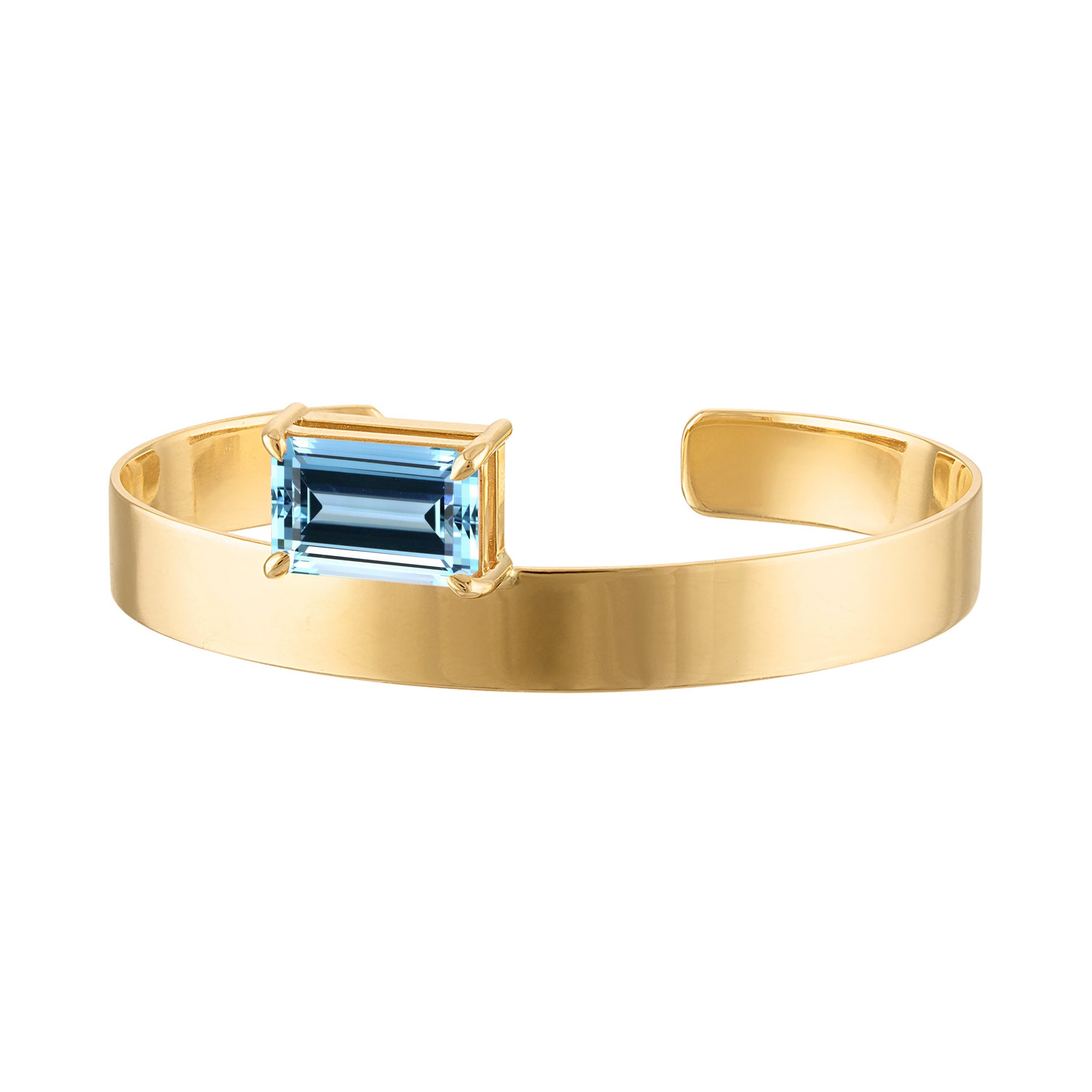 18k Solid Gold Cuff 8mm with Emerald Cut Swiss Blue Topaz