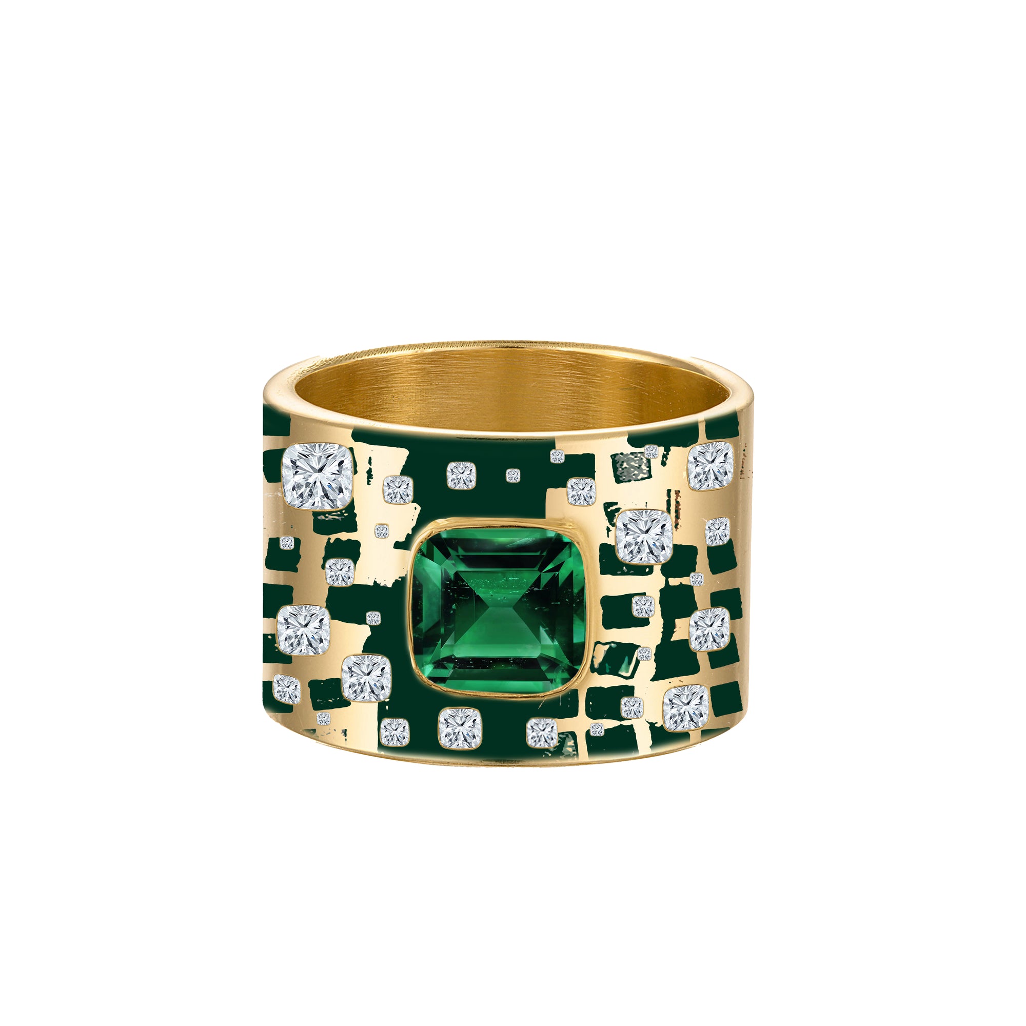 Solid 18k Gold Ring with Green Enamel, Paved Diamonds & Cushion Cut Emerald