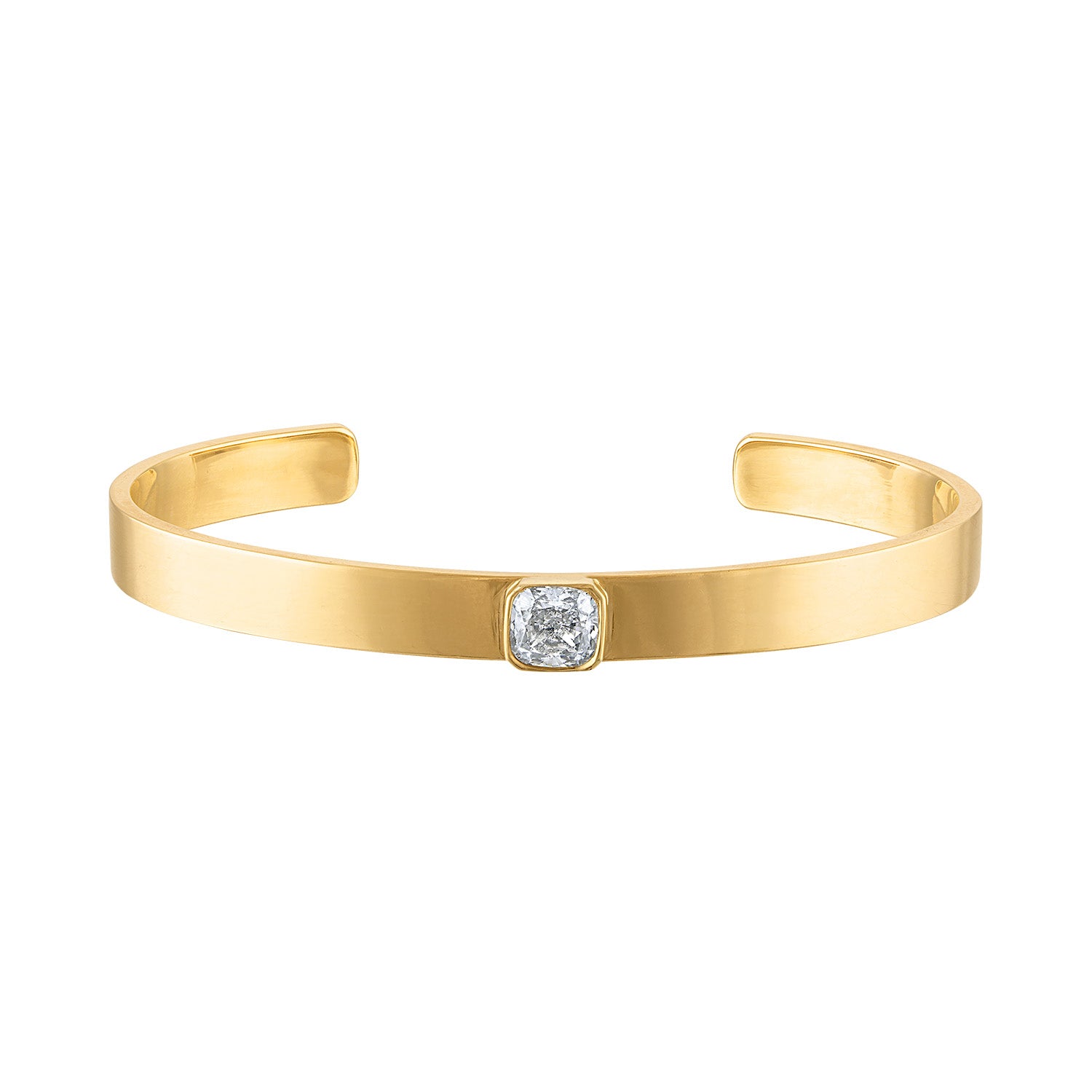 18k Solid Gold 6mm Cuff with Cushion Cut Clear Quartz