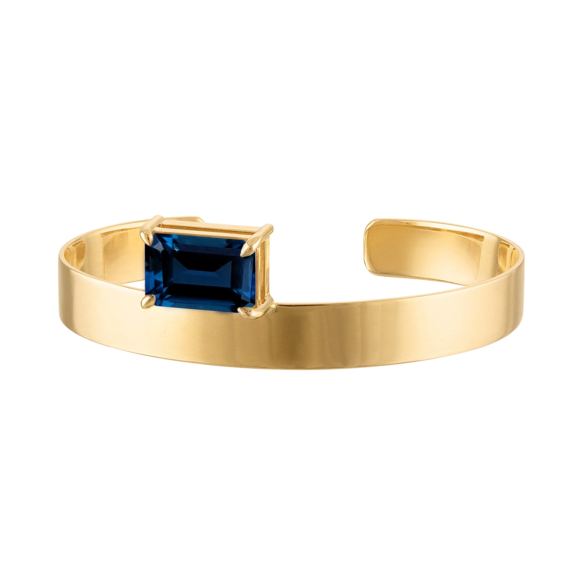 18k Solid Gold Cuff 8mm with Emerald Cut Dark London Blue Topaz