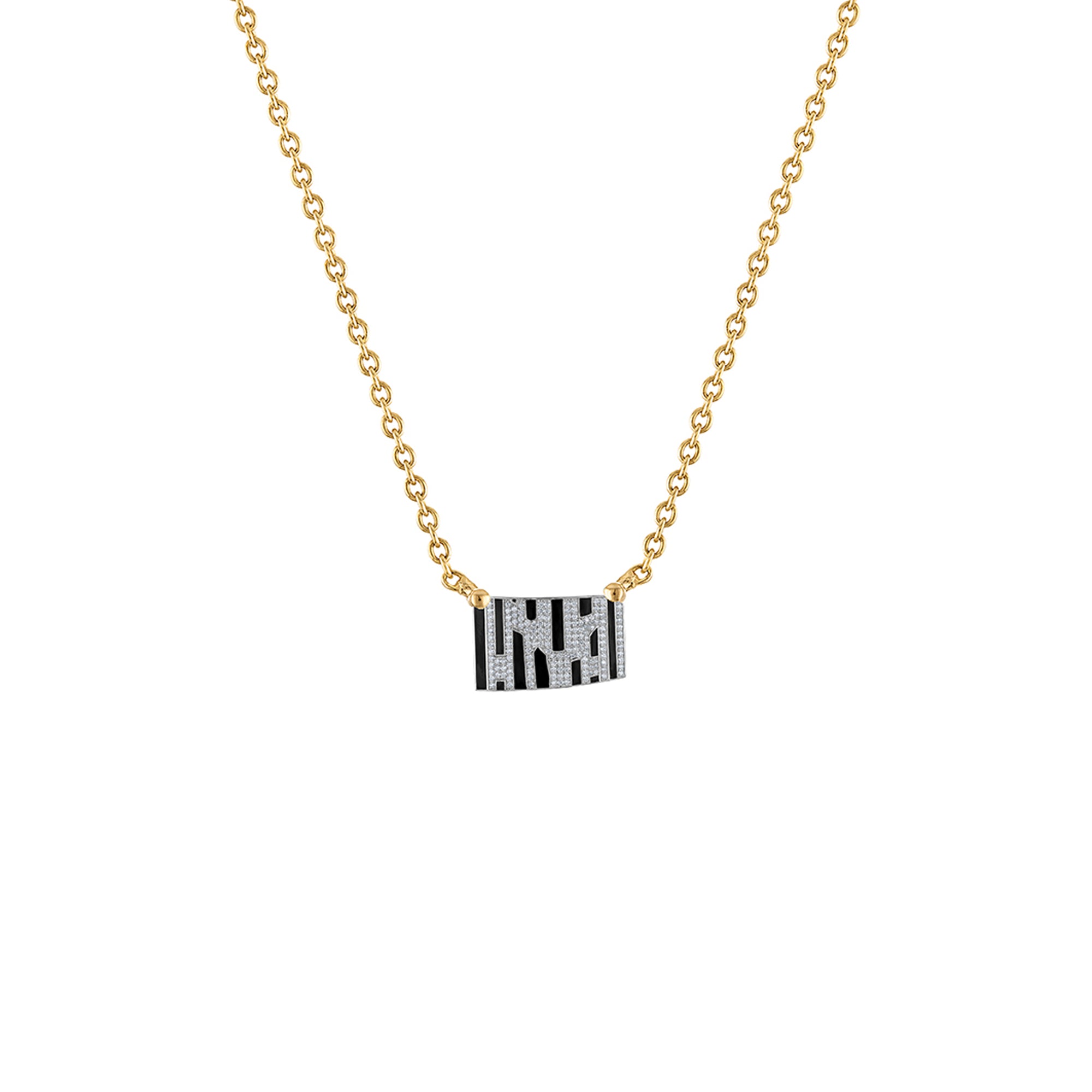 18k Gold Chain with Black Enamel & Paved Diamond Pendant