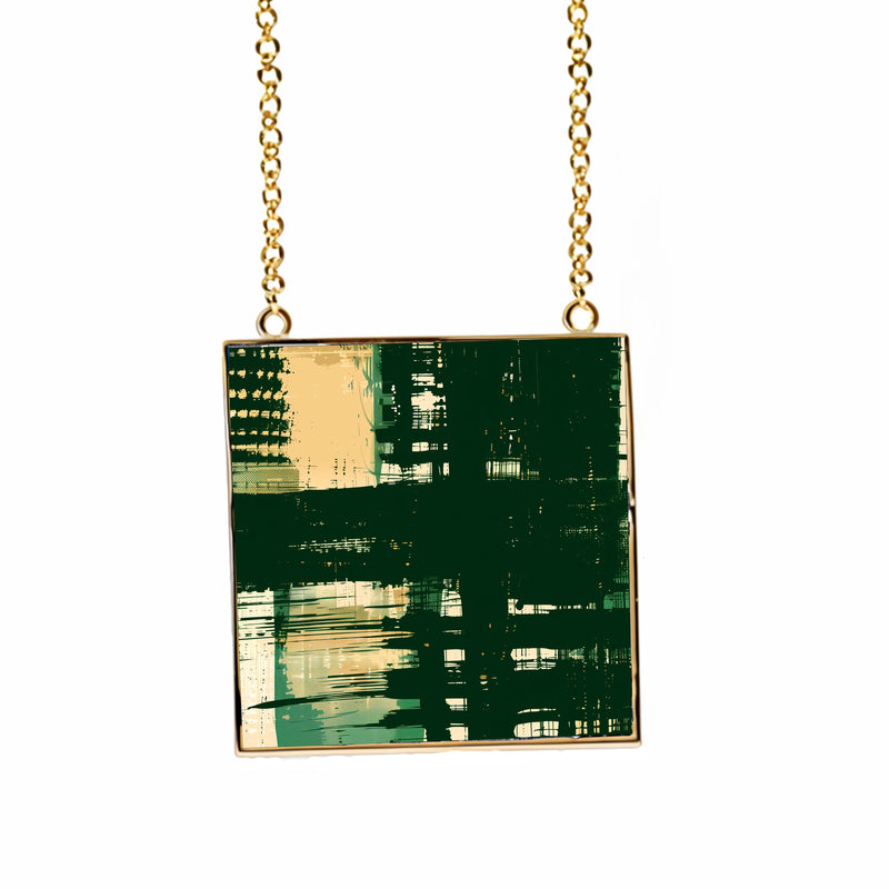 18k Gold Chain with Green Enamel Square Pendant