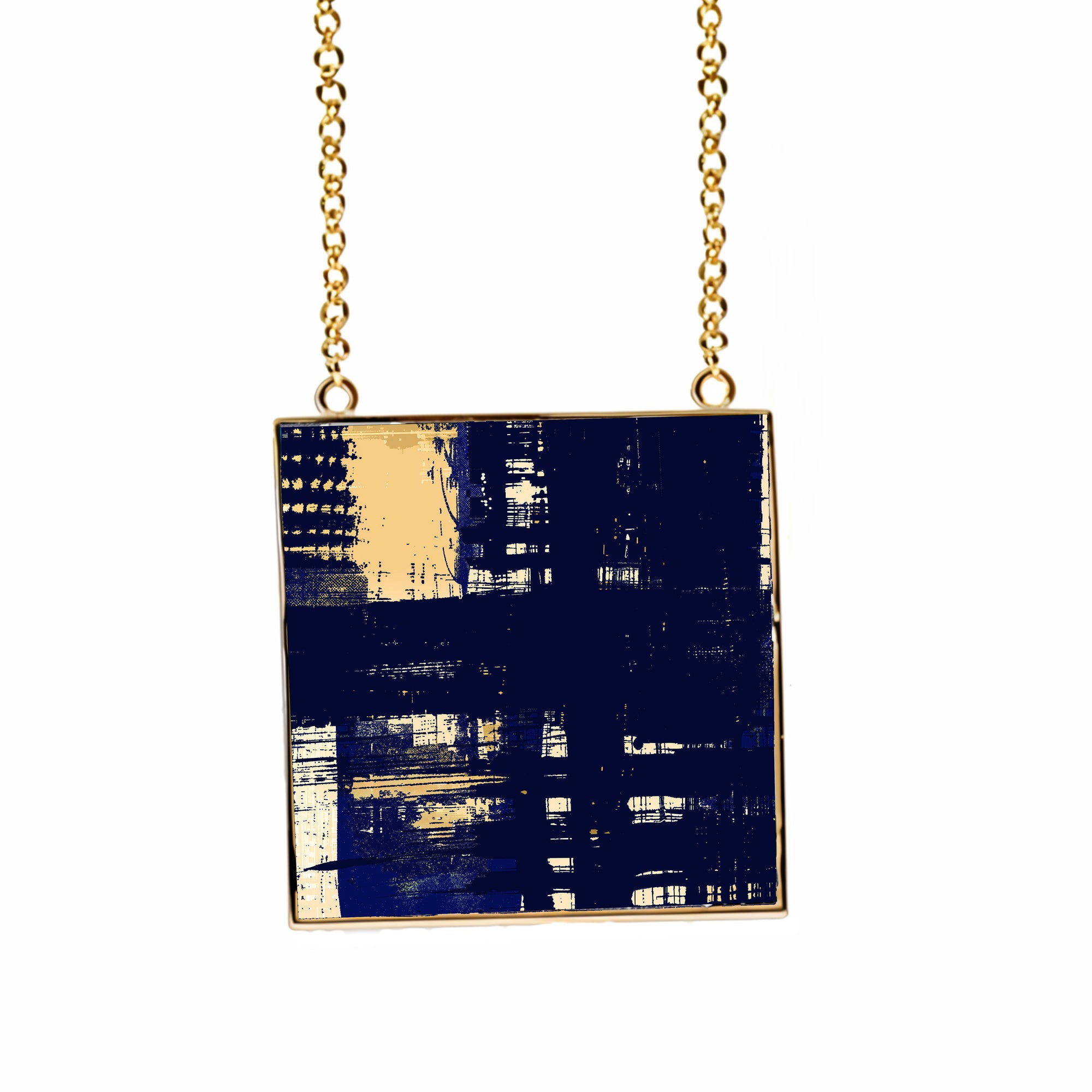 18k Gold Chain with Navy Enamel Square Pendant