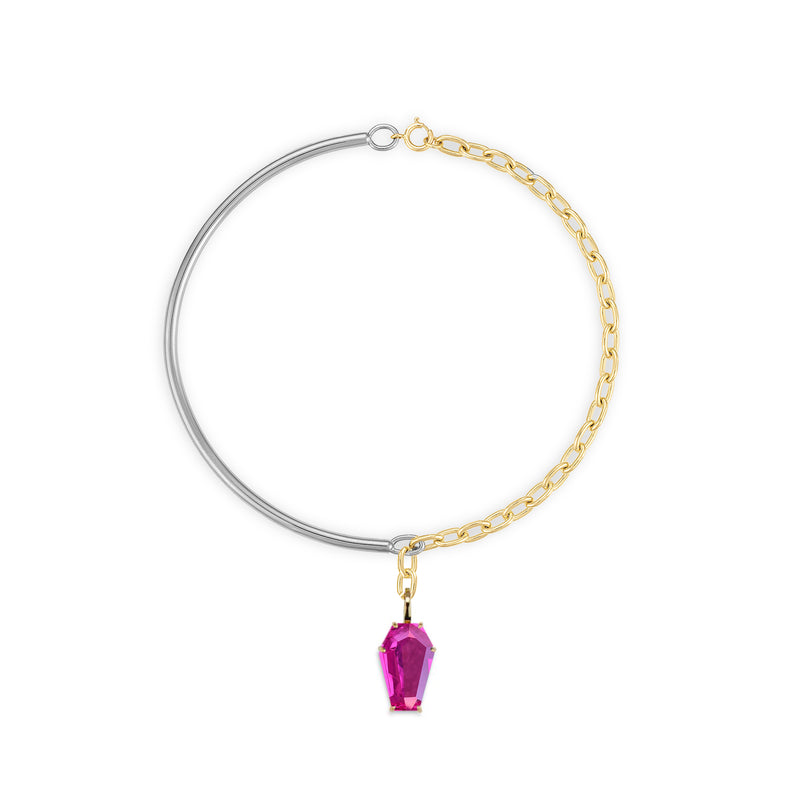 18k Gold Coffin Cut Mixed Metal Necklace with Hot Pink Quartz