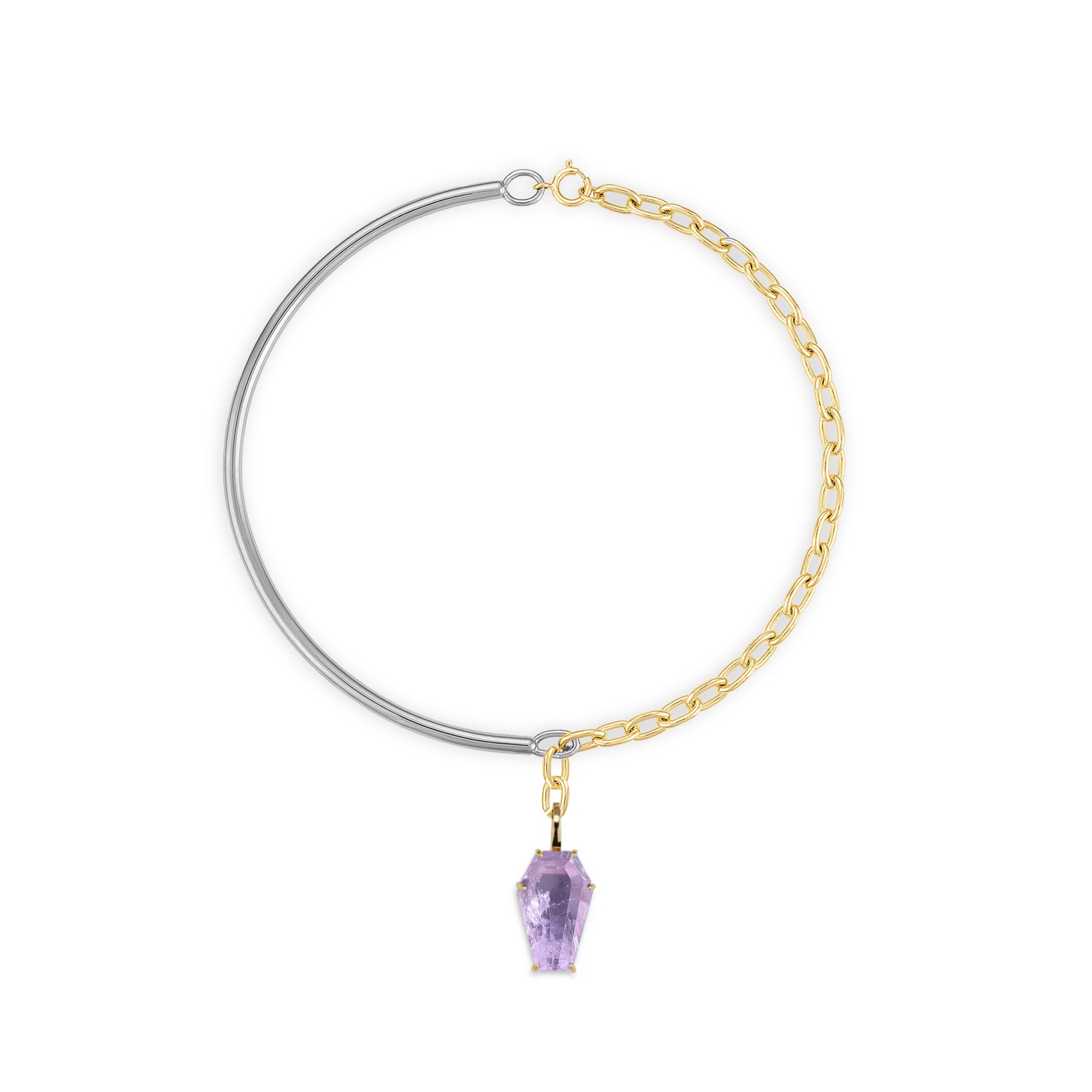 18k Gold Coffin Cut Mixed Metal Necklace with Lavender Amethyst