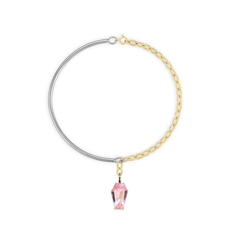 18k Gold Coffin Cut Mixed Metal Necklace with Pale Pink Quartz