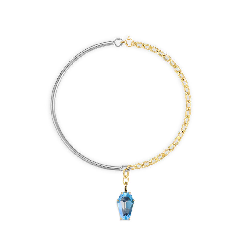 18k Gold Coffin Cut Mixed Metal Necklace with Blue Swiss Topaz