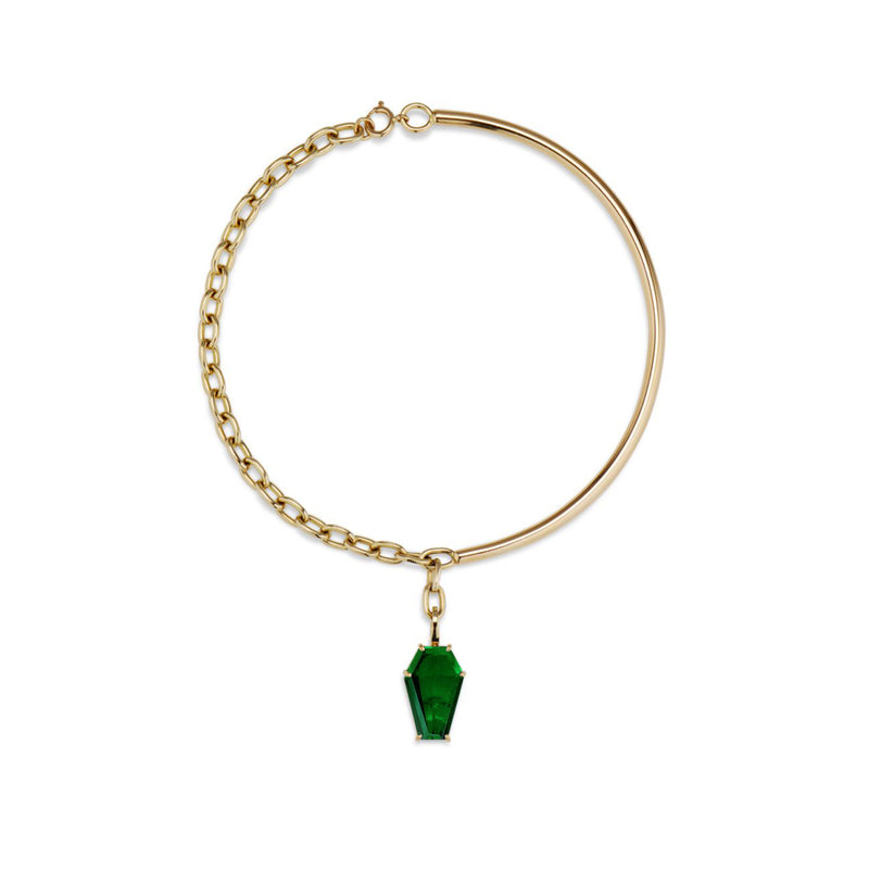 18k Gold Coffin Cut Necklace with Dark Green Quartz