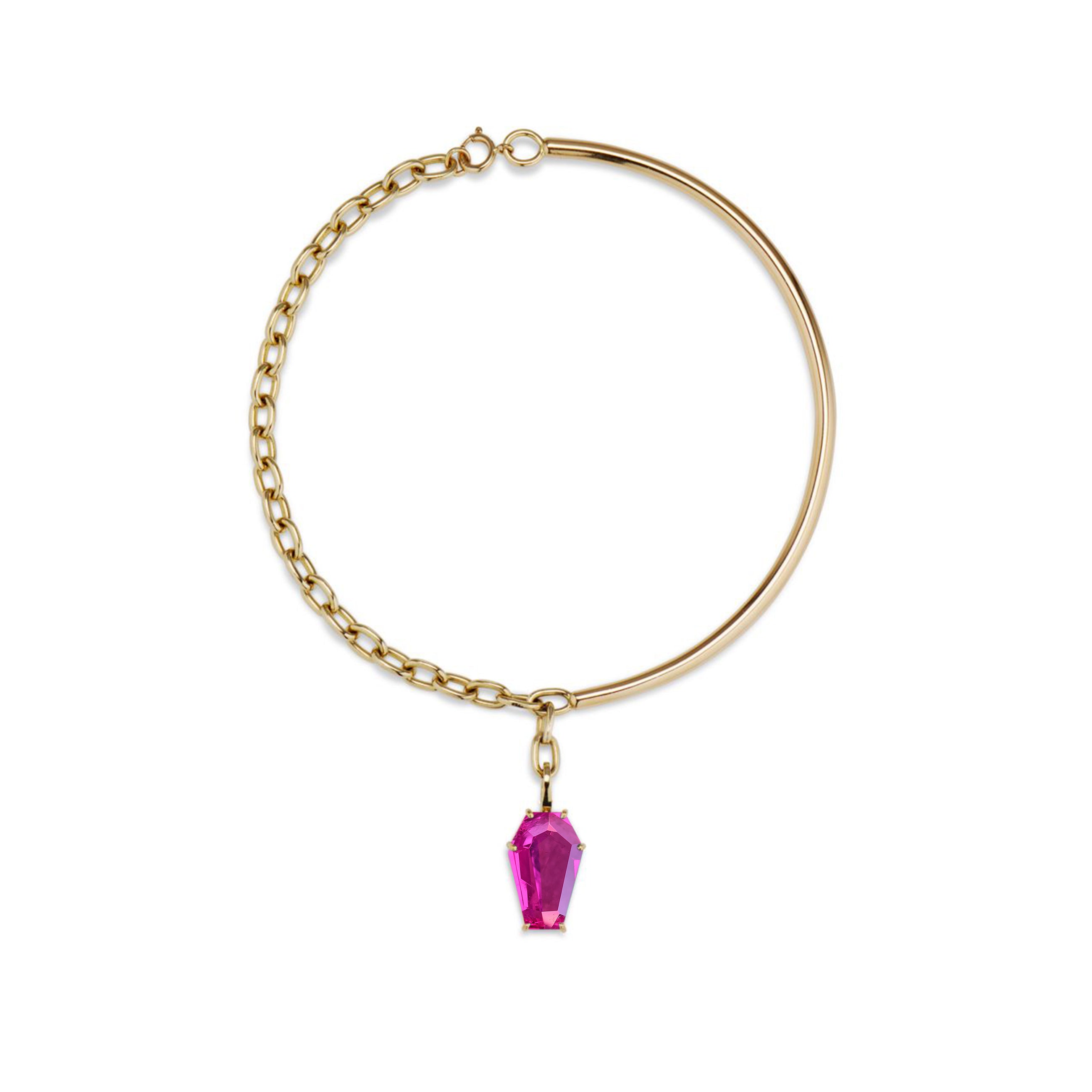 18k Gold Coffin Cut Necklace with Hot Pink Quartz