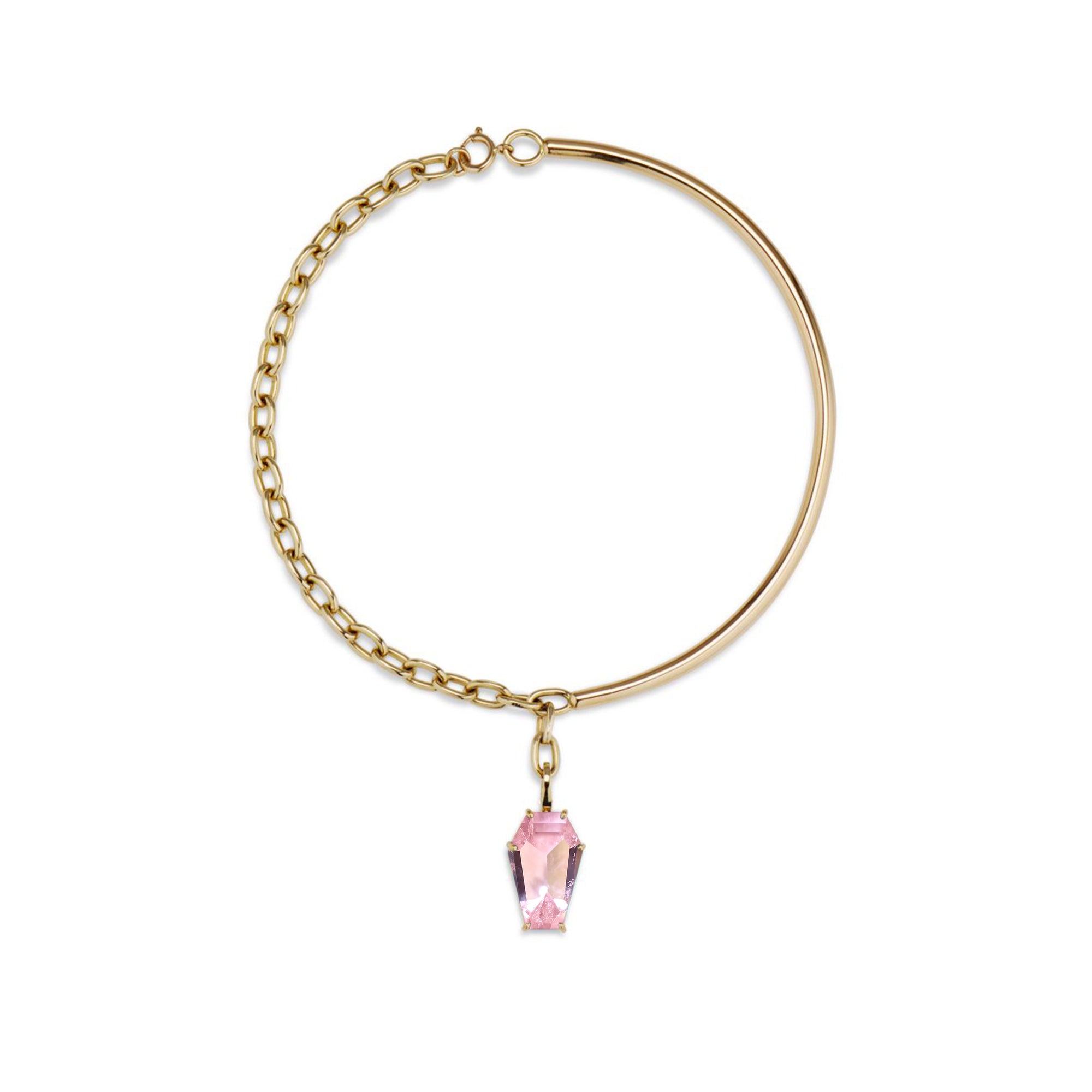 18k Gold Coffin Cut Necklace with Pale Pink Quartz