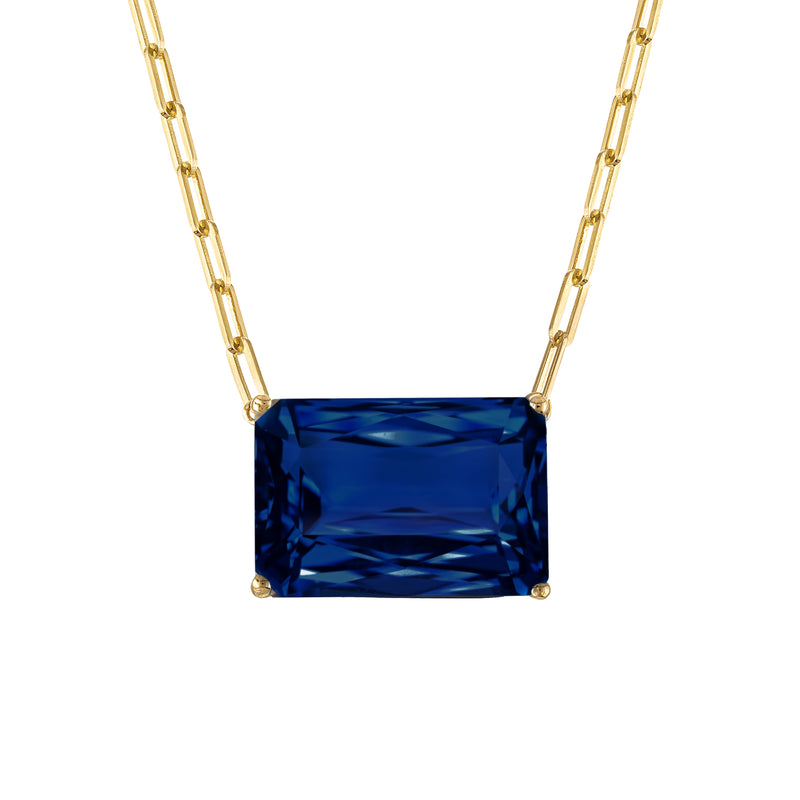 18k Gold Chain with Emerald Cut Dark London Blue Topaz