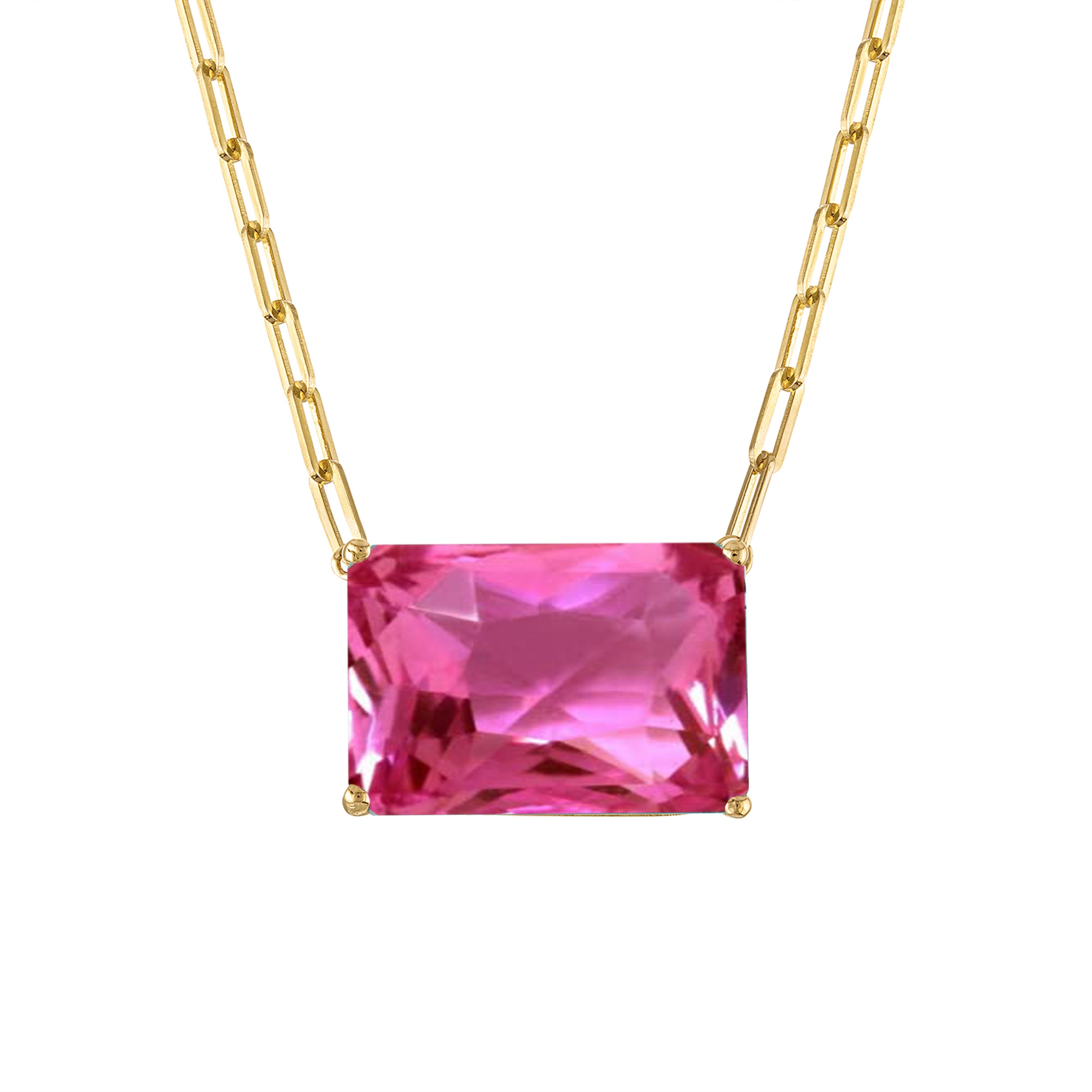 18k Gold Chain with Emerald Cut Hot Pink Quartz