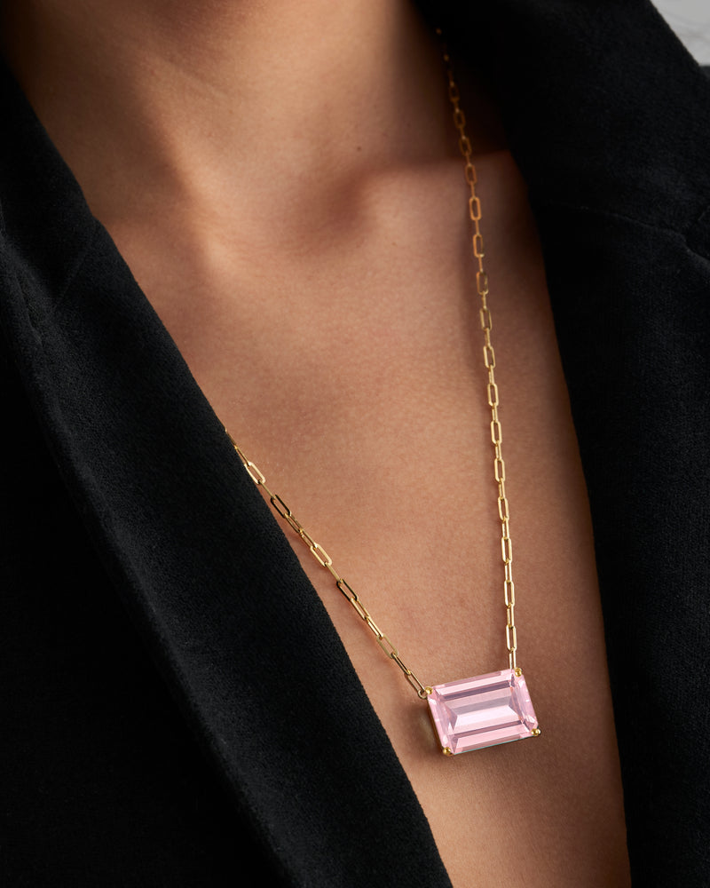 18k Gold Chain with Emerald Cut Pale Pink Quartz