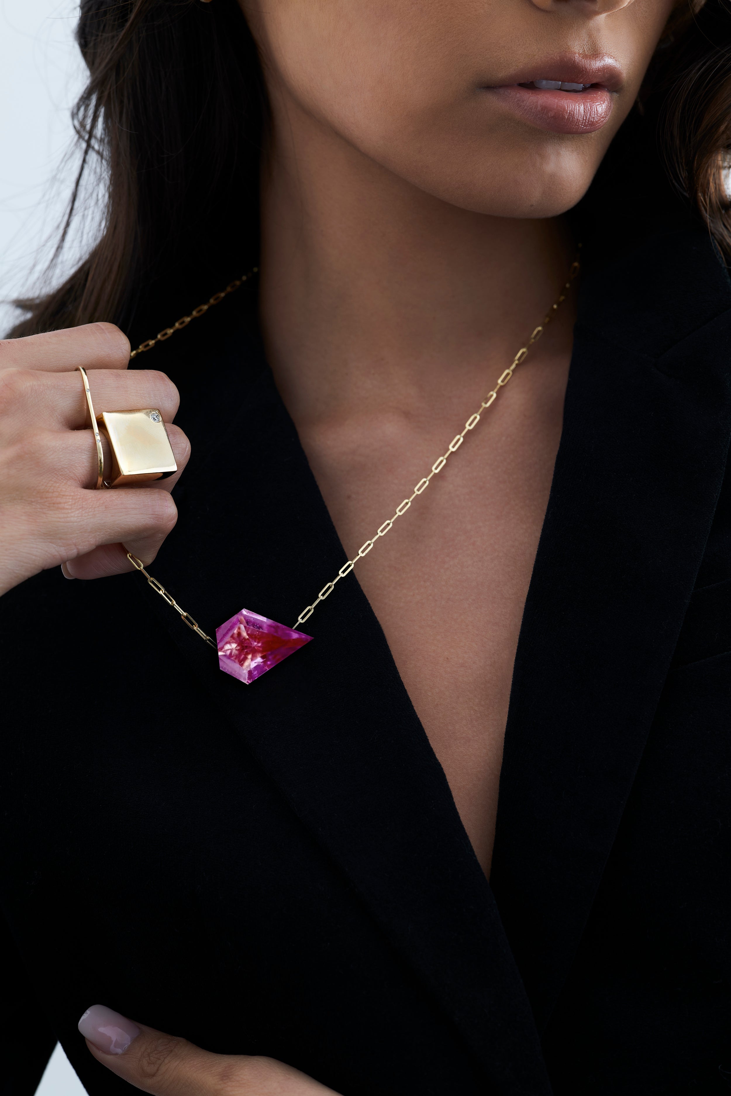 18k Gold Chain with Kite Cut Hot Pink Quartz