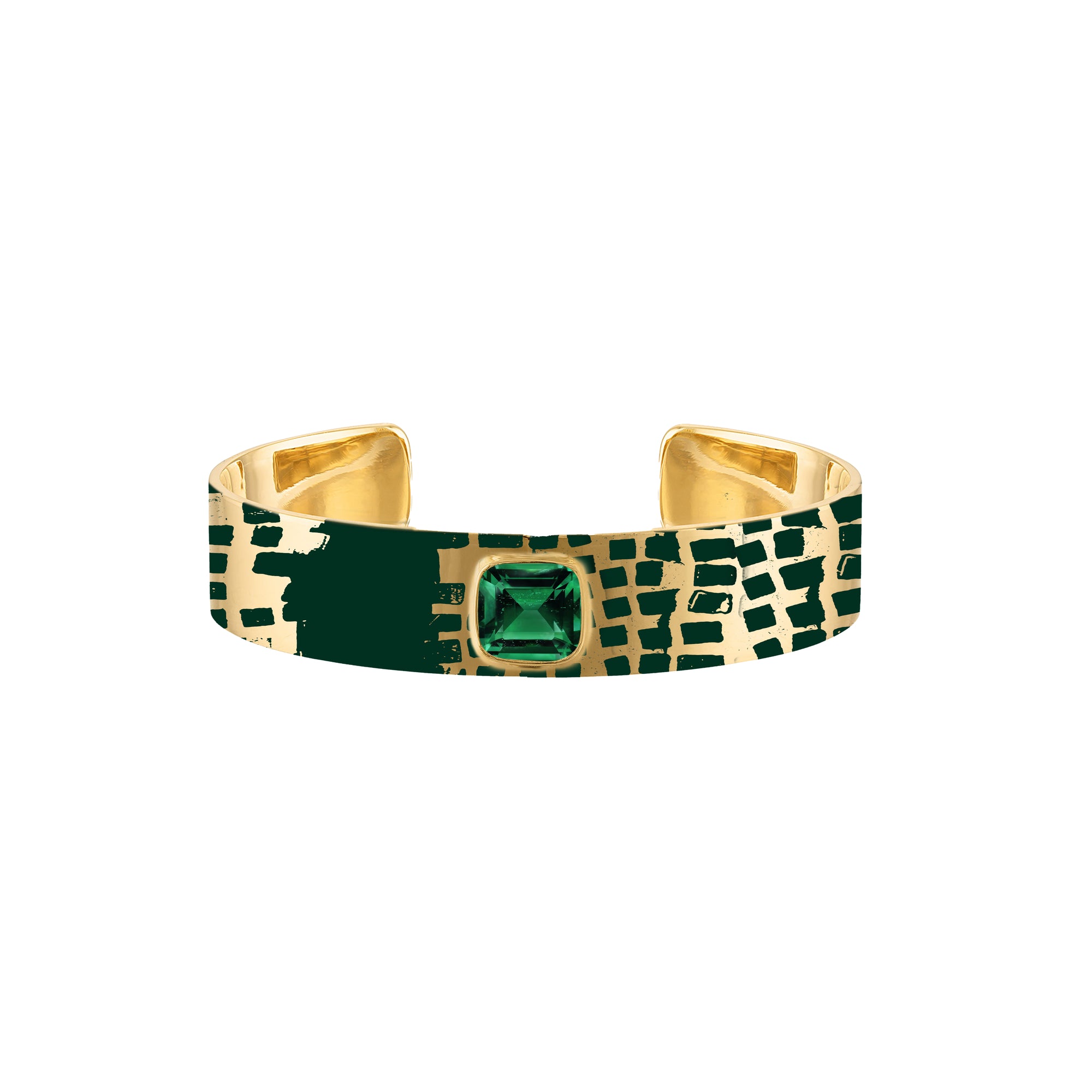 18k Gold Cuff with Green Enamel and Cushion Cut Emerald