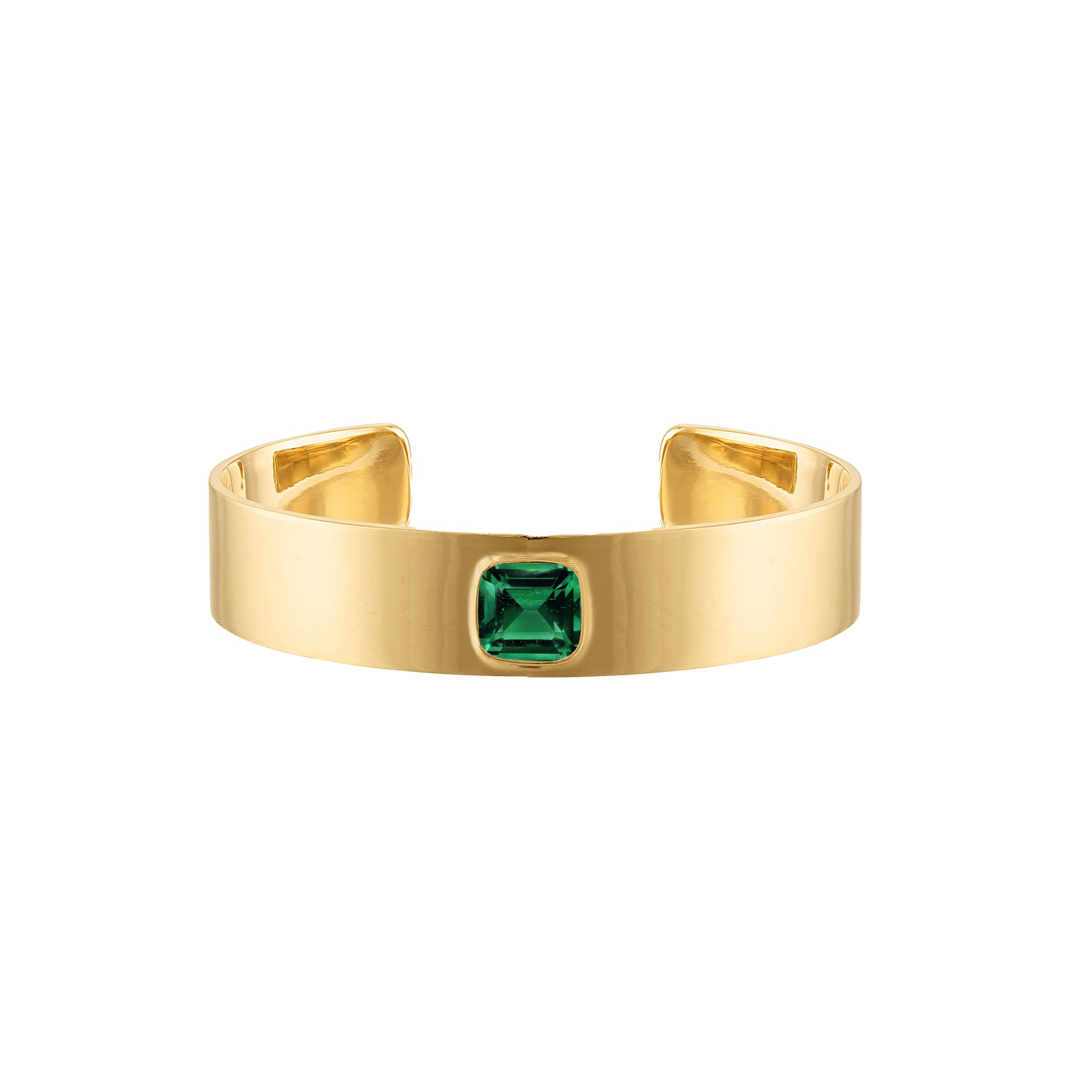 18k Solid Gold 10mm Cuff with Cushion Cut Emerald