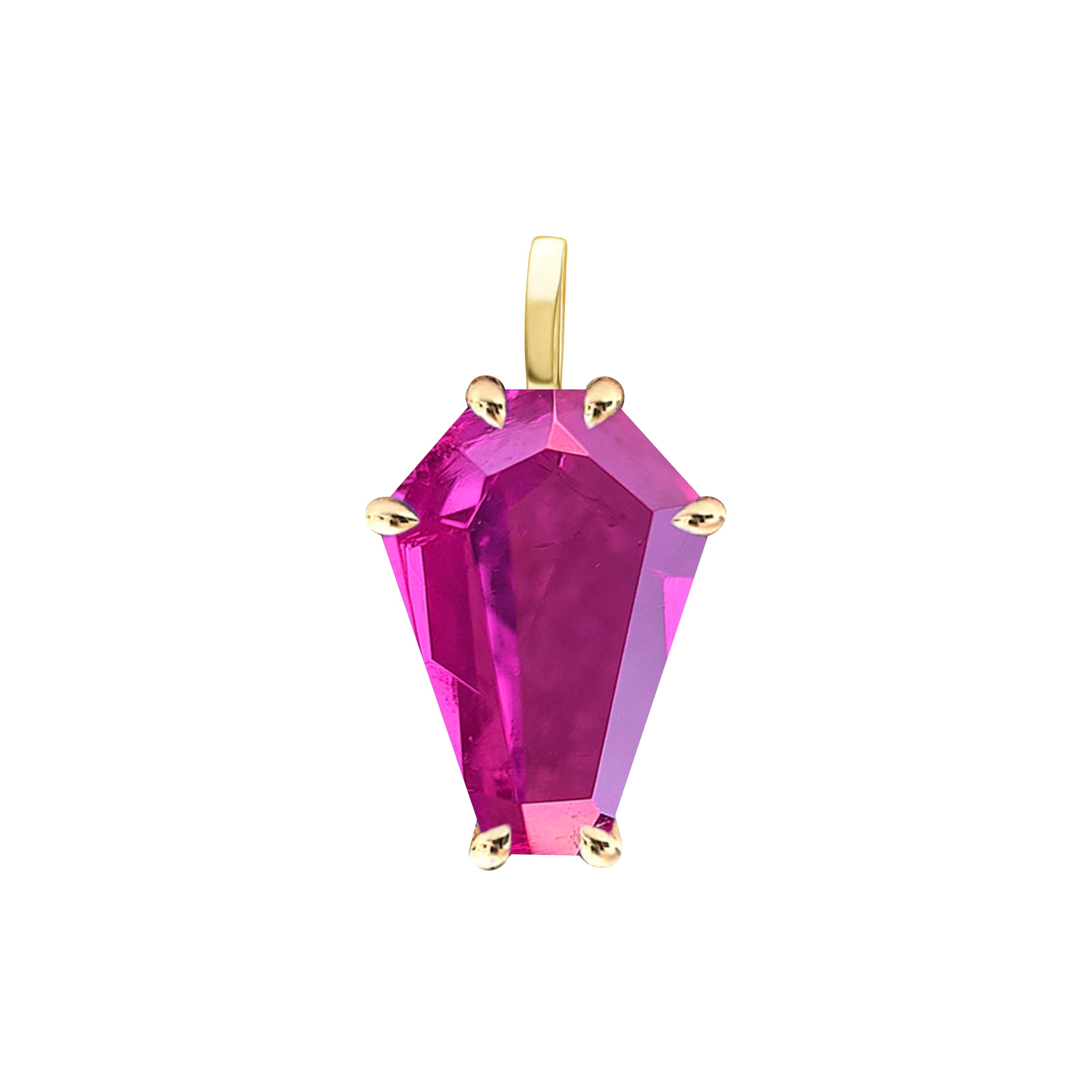 18k Gold Coffin Cut Pendant with Hot Pink Quartz