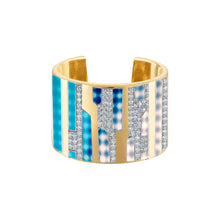 Solid 18k Gold Cuff Ring with Blue Enamel Diamond Paved Design