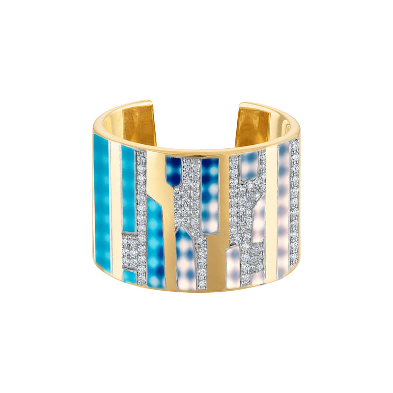 Solid 18k Gold Cuff Ring with Blue Enamel Diamond Paved Design