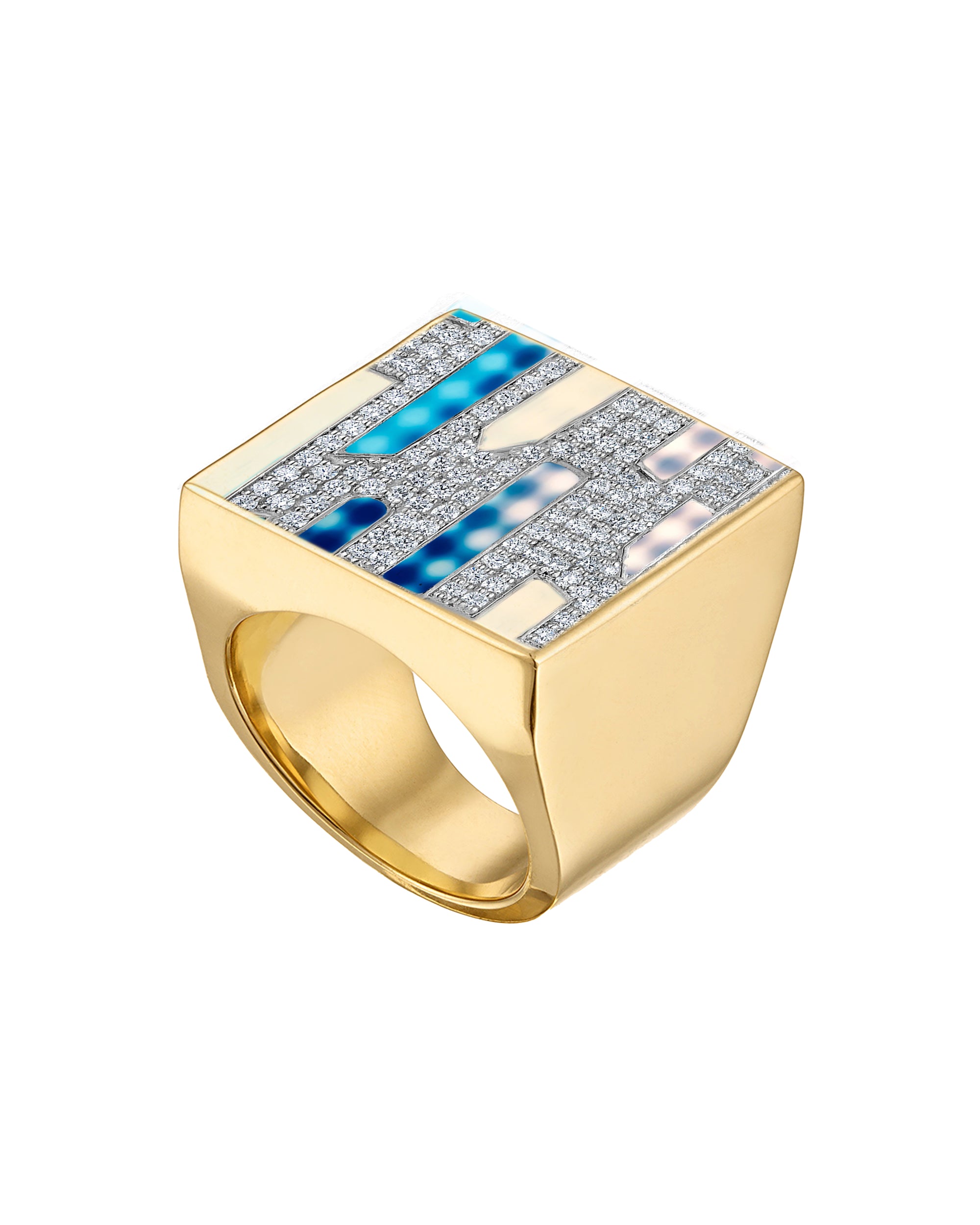 Solid 18k Gold Square Ring with Blue Enamel & Paved Diamonds