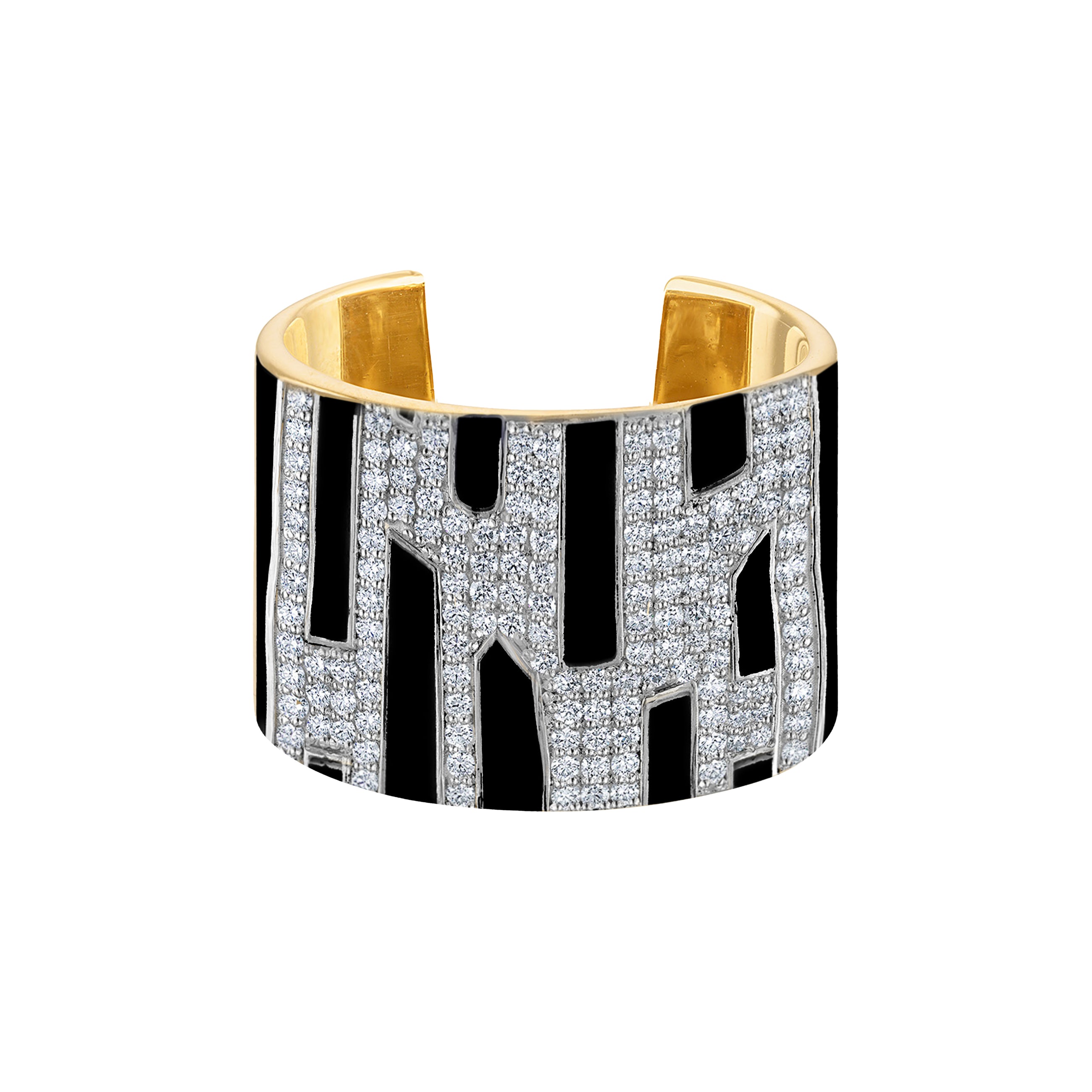 Solid 18k Gold Cuff Ring with Back Enamel & Paved Diamonds