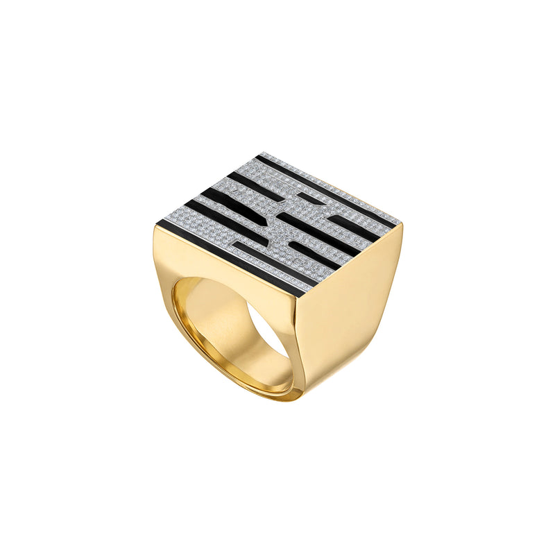 Solid 18k Gold Square Ring with Black Enamel & Paved Diamonds