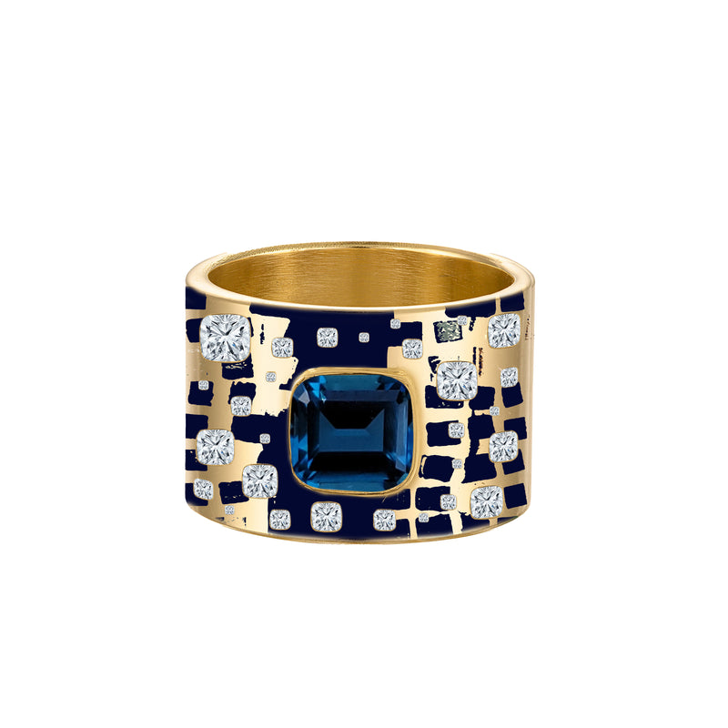 Solid 18k Gold Ring with Navy Enamel, Paved Diamonds & Cushion Cut Sapphire